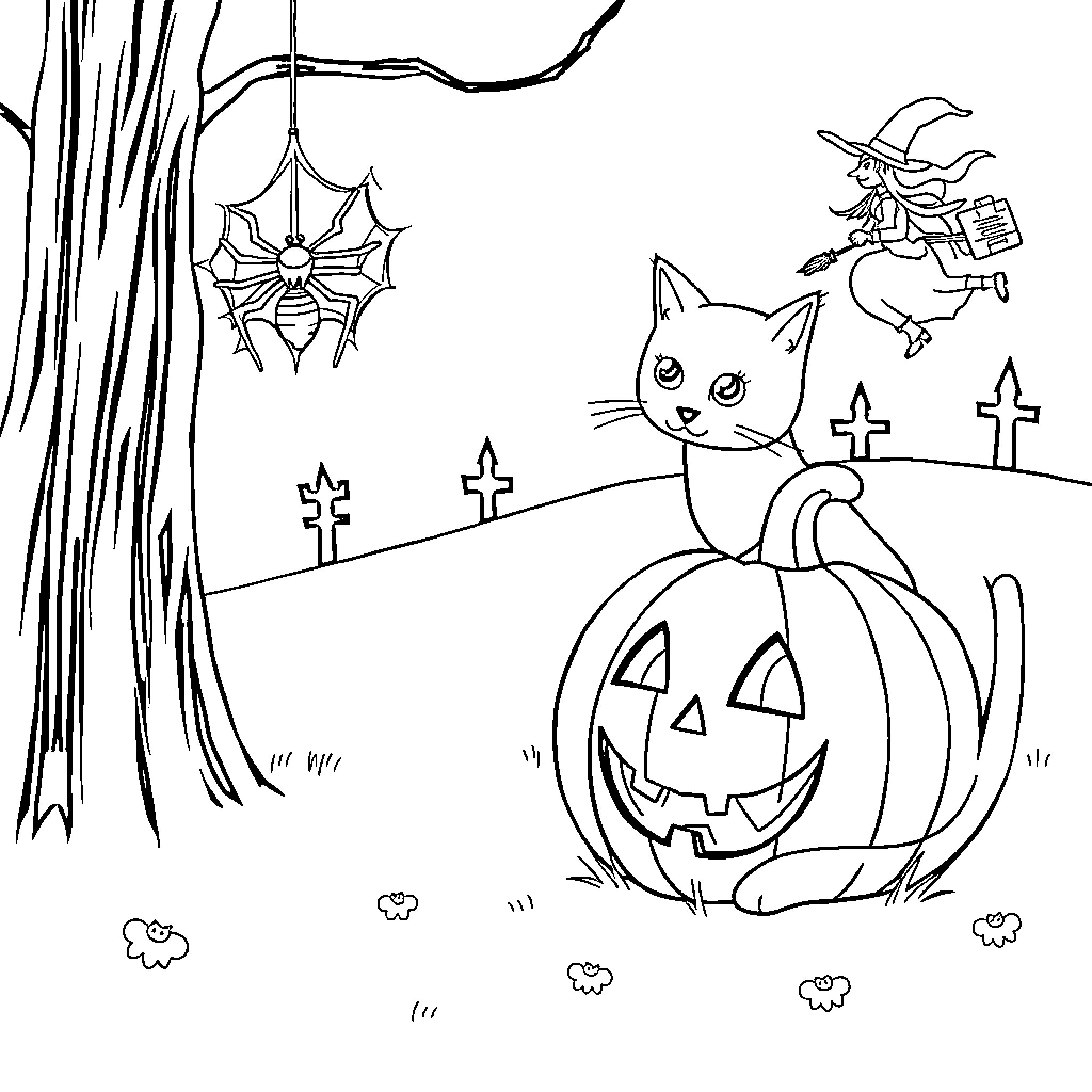 Halloween witch flying and cat sitting on a pumpkin Coloring Page (free black-and-white line drawing printable PDF for all, from beginners to advanced learners, including children, teens, adults, and seniors)
