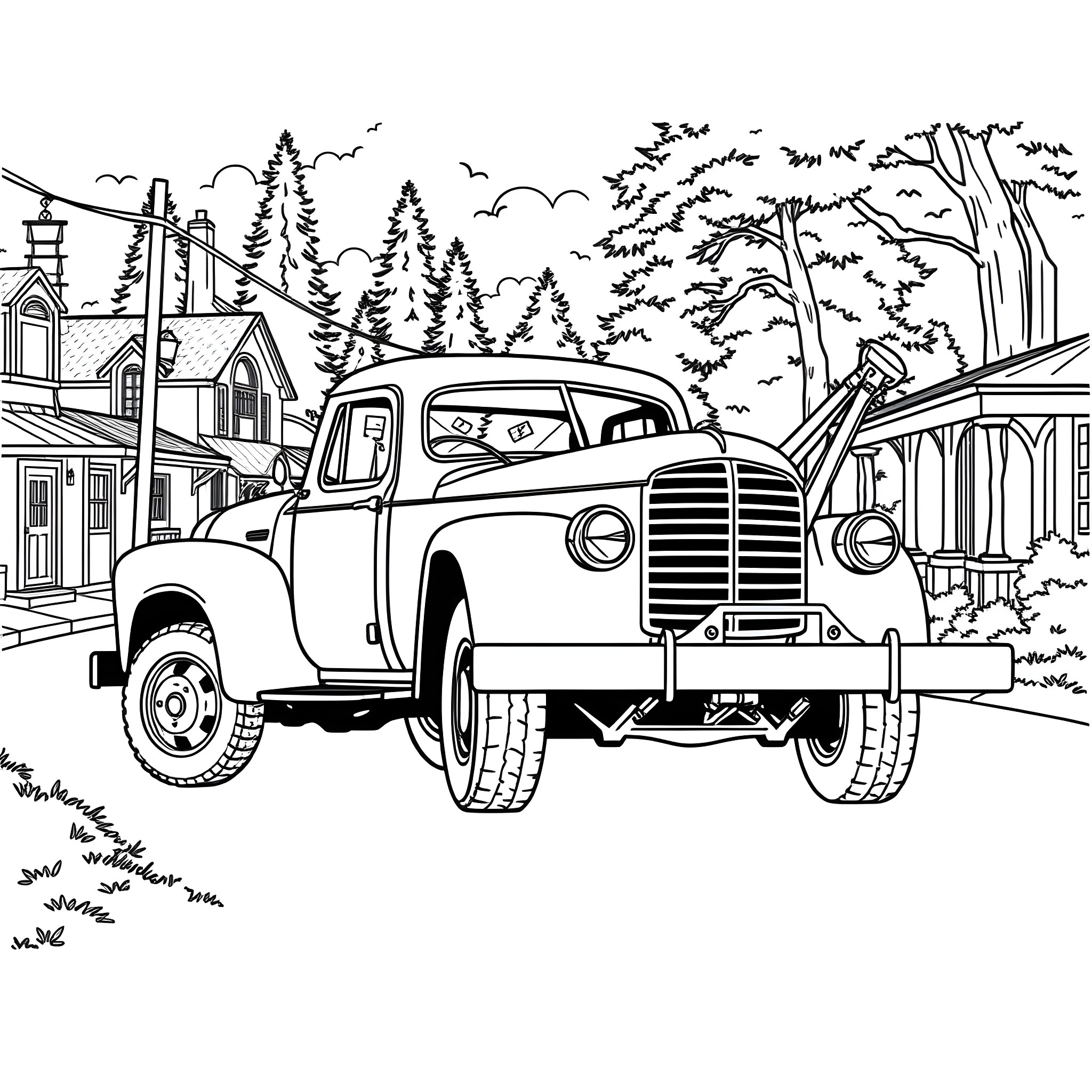 Tow Truck Rescuing Vintage Vehicle in Scenic Countryside Coloring Page (free black-and-white line drawing printable PDF for all, from beginners to advanced learners, including children, teens, adults, and seniors)