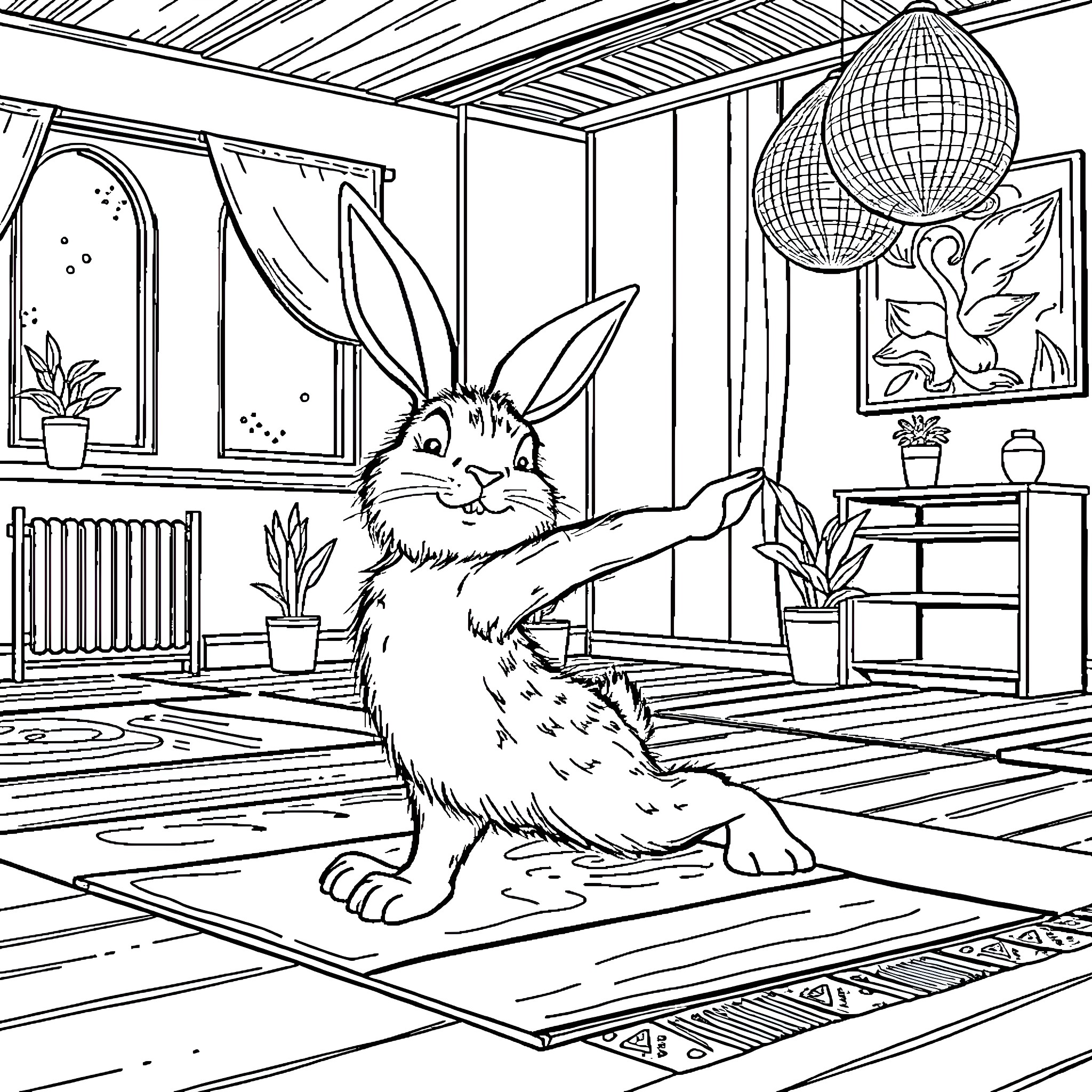 Rabbit relaxing in cozy indoor setting Coloring Page (free black-and-white line drawing printable PDF for all, from beginners to advanced learners, including children, teens, adults, and seniors)
