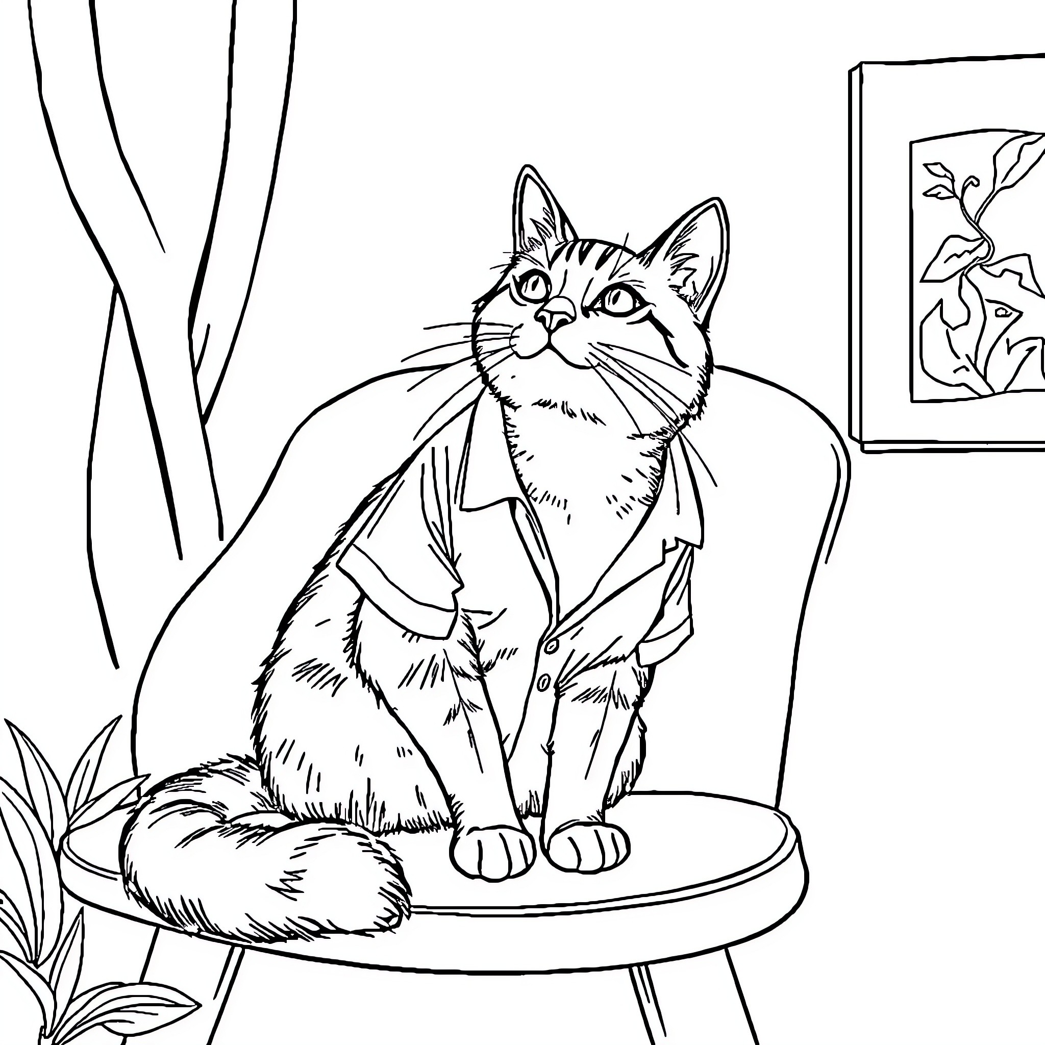 Cat in a Cozy Home Setting Coloring Page (free black-and-white line drawing printable PDF for all, from beginners to advanced learners, including children, teens, adults, and seniors)