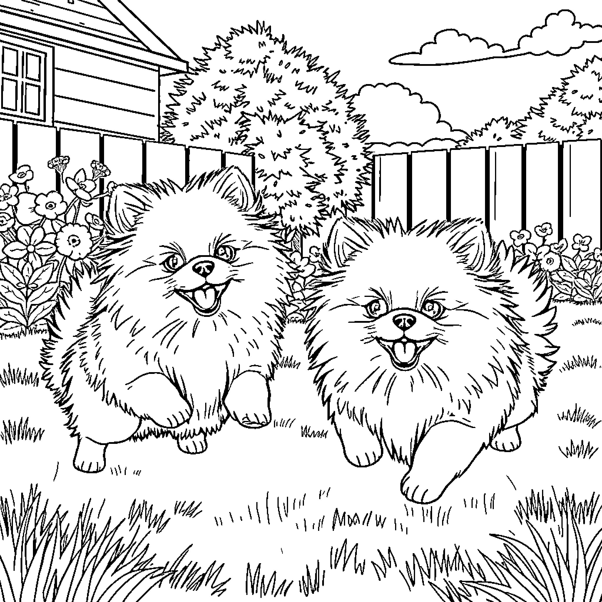 Pomeranian dogs playing happily in the yard Coloring Page (free black-and-white line drawing printable PDF for all, from beginners to advanced learners, including children, teens, adults, and seniors)