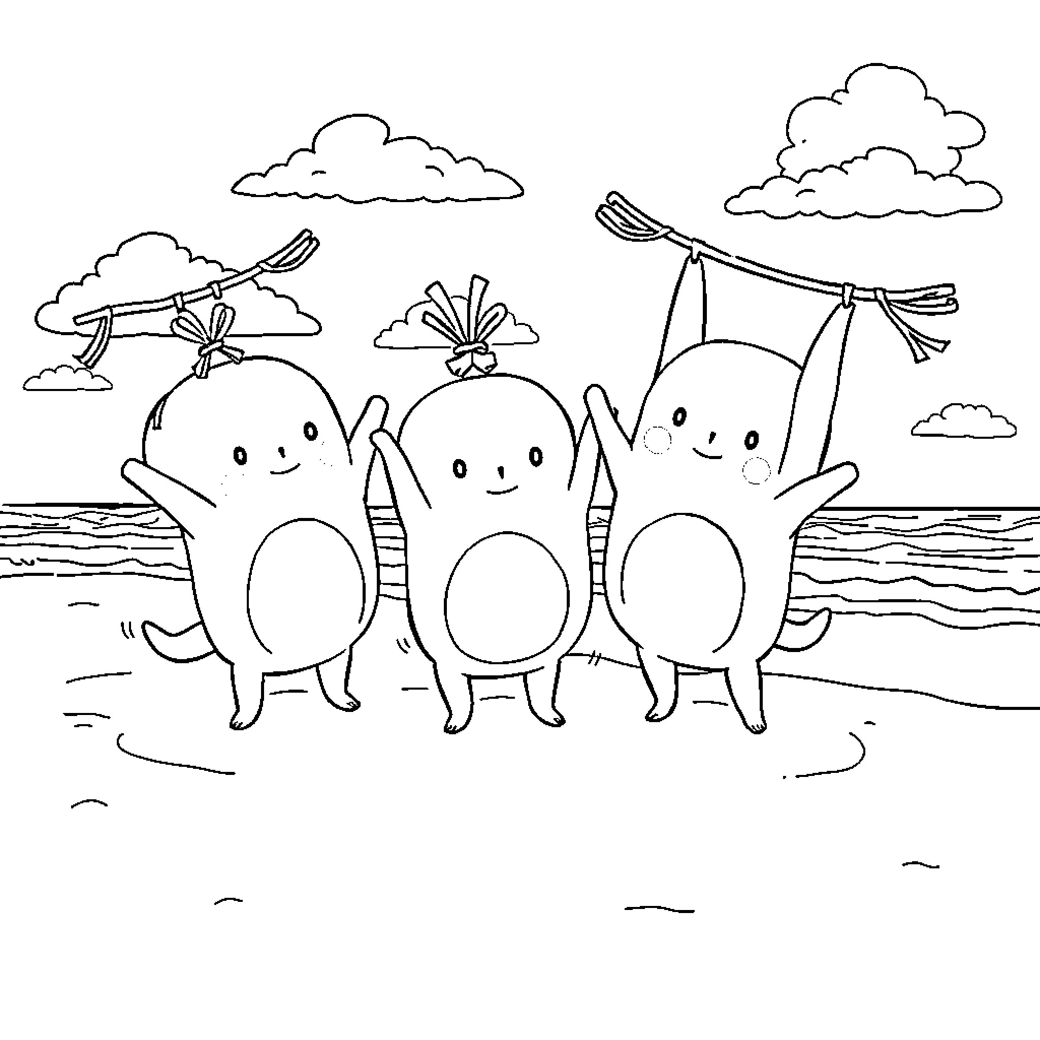 Squishmallows playing happily on the beach Coloring Page (free black-and-white line drawing printable PDF for all, from beginners to advanced learners, including children, teens, adults, and seniors)