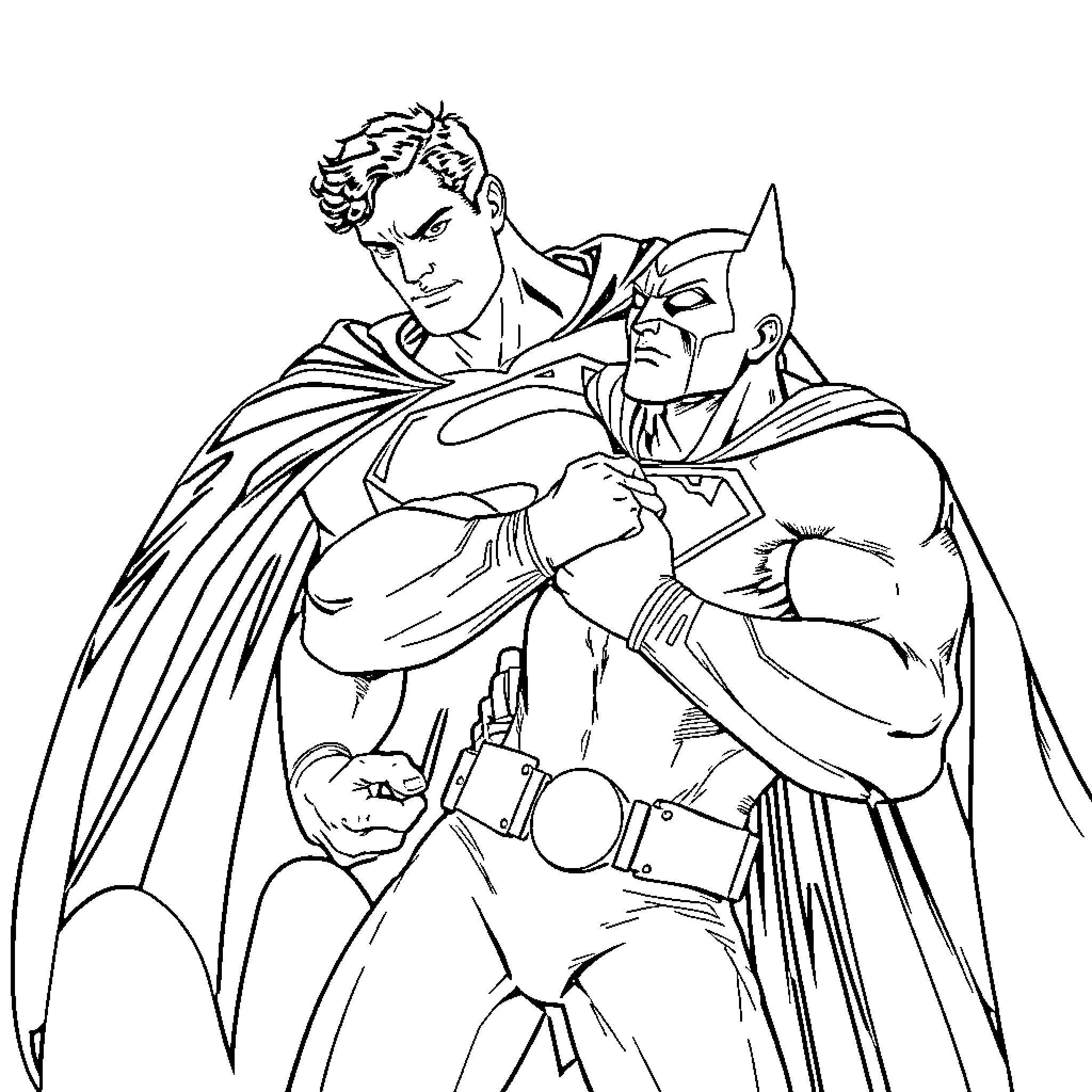 Superman and Batman in an intense confrontation Coloring Page (free black-and-white line drawing printable PDF for all, from beginners to advanced learners, including children, teens, adults, and seniors)