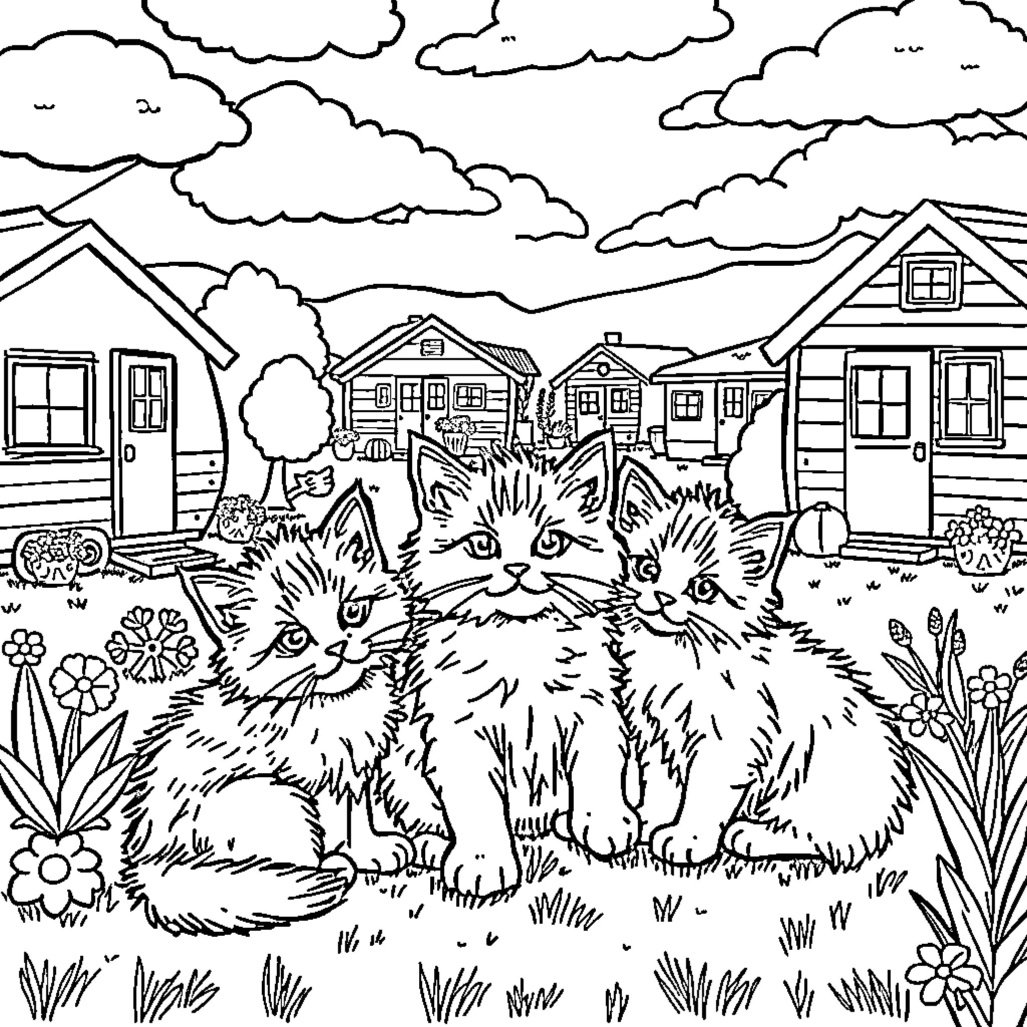Kitty Cats in the Countryside Coloring Page (free black-and-white line drawing printable PDF for all, from beginners to advanced learners, including children, teens, adults, and seniors)