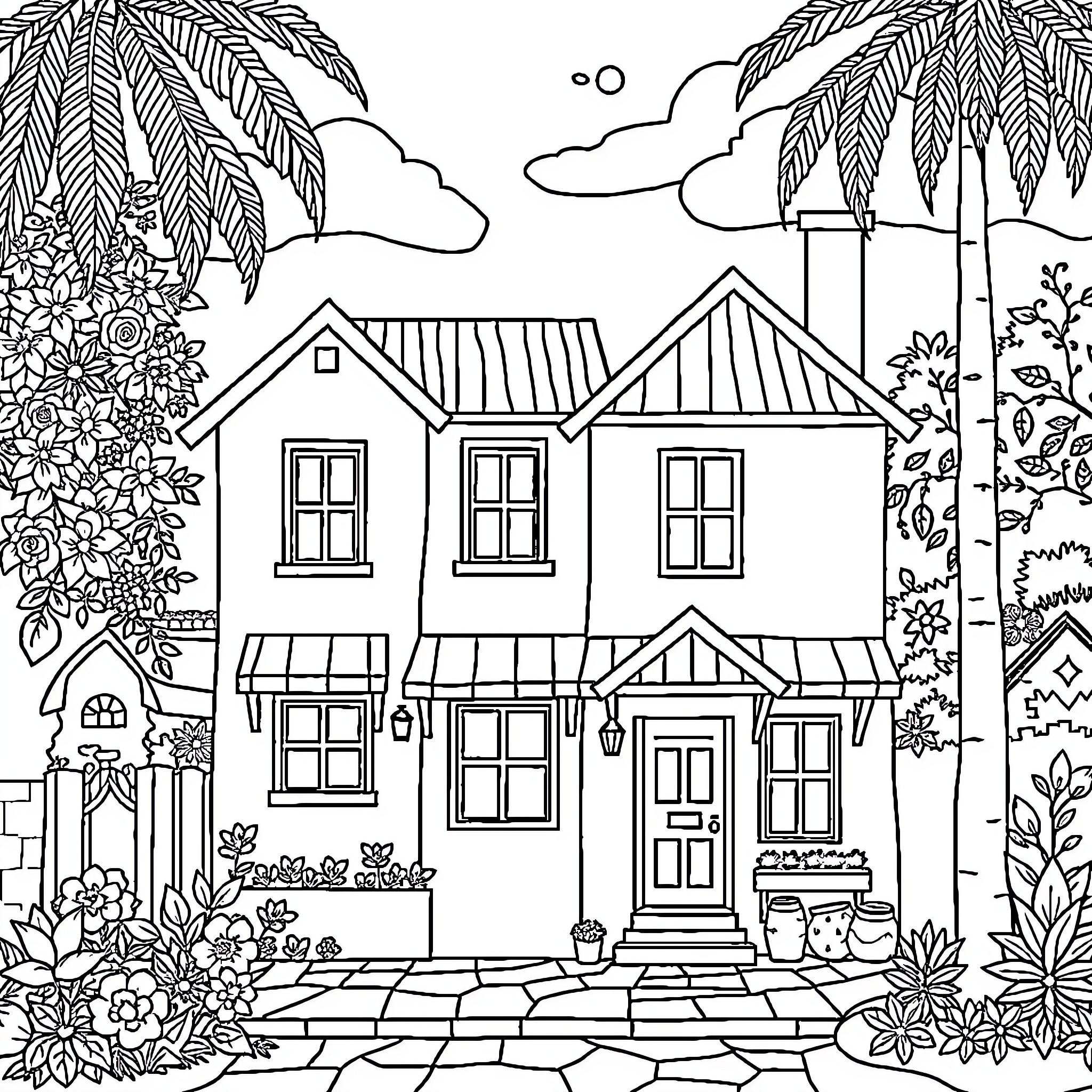 House with Decorative Landscaping and Foliage Coloring Page (free black-and-white line drawing printable PDF for all, from beginners to advanced learners, including children, teens, adults, and seniors)
