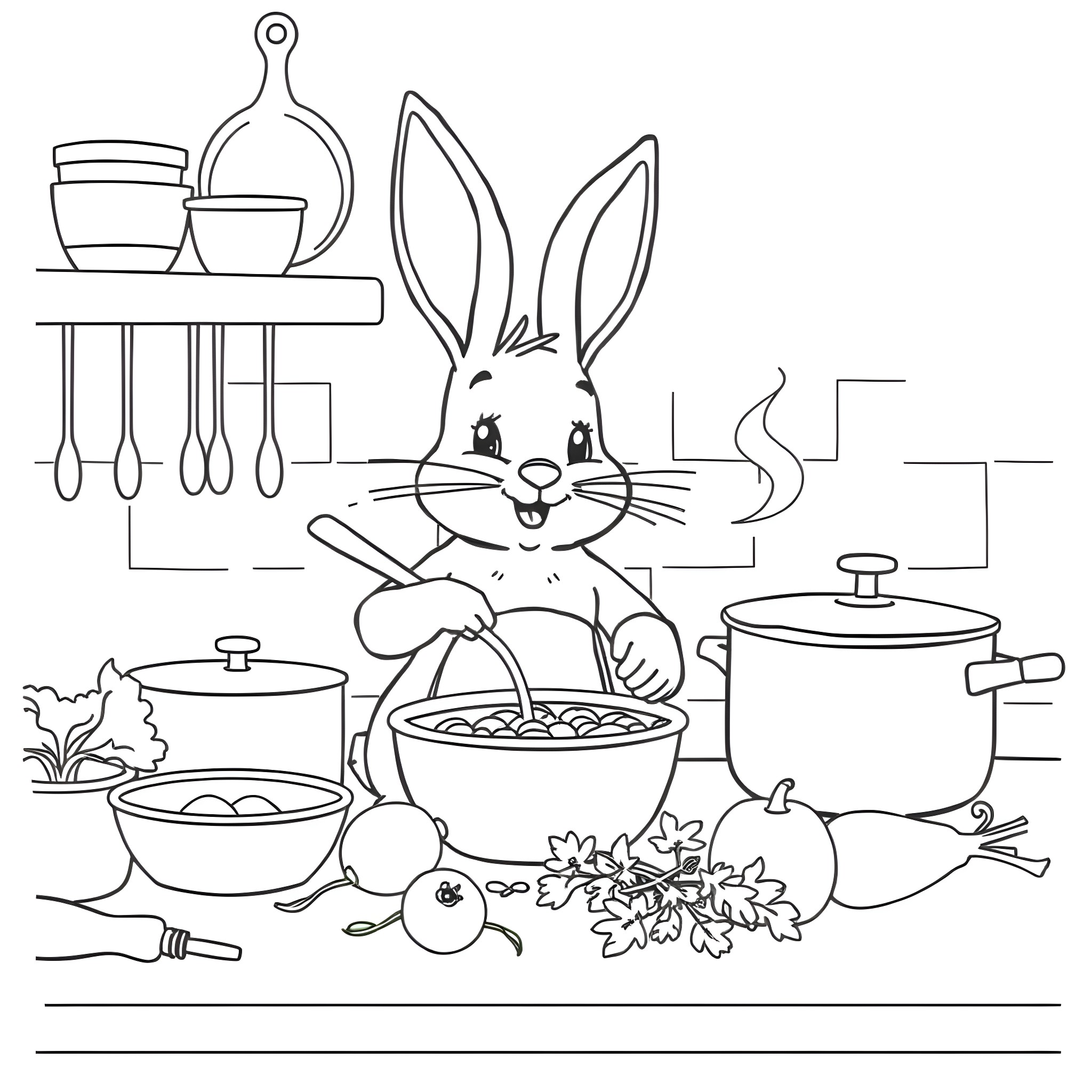 Bunny cooking delicious meals in the kitchen Coloring Page (free black-and-white line drawing printable PDF for all, from beginners to advanced learners, including children, teens, adults, and seniors)