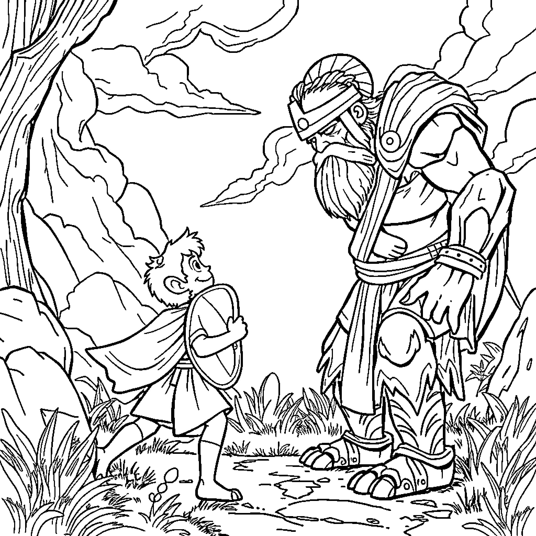 David vs Goliath: Boy confronts Formidable Giant Coloring Page (free black-and-white line drawing printable PDF for all, from beginners to advanced learners, including children, teens, adults, and seniors)