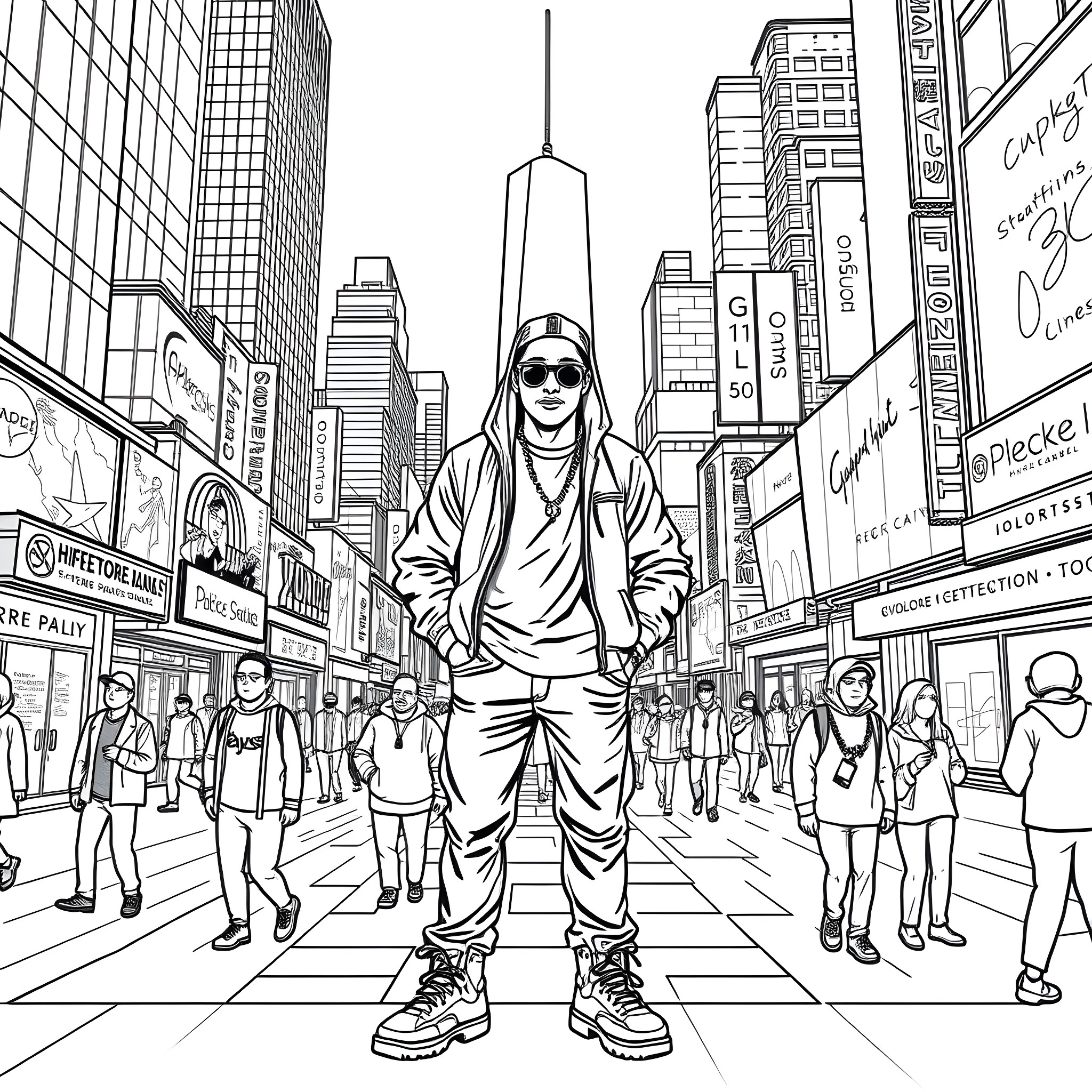 Blxckie in the bustling city streets Coloring Page (free black-and-white line drawing printable PDF for all, from beginners to advanced learners, including children, teens, adults, and seniors)