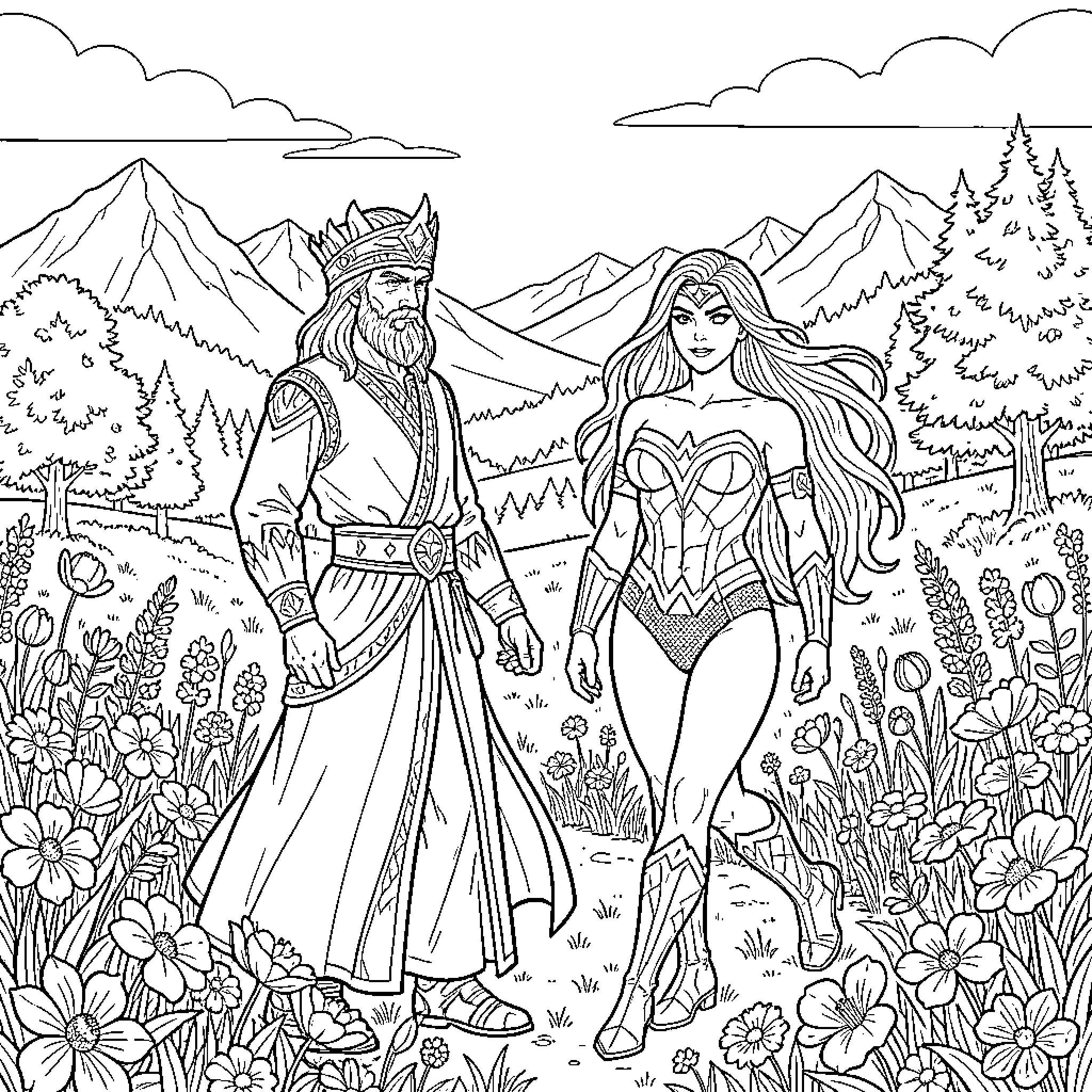 Rumi and the Warrior Princess in the Enchanted Forest Coloring Page (free black-and-white line drawing printable PDF for all, from beginners to advanced learners, including children, teens, adults, and seniors)