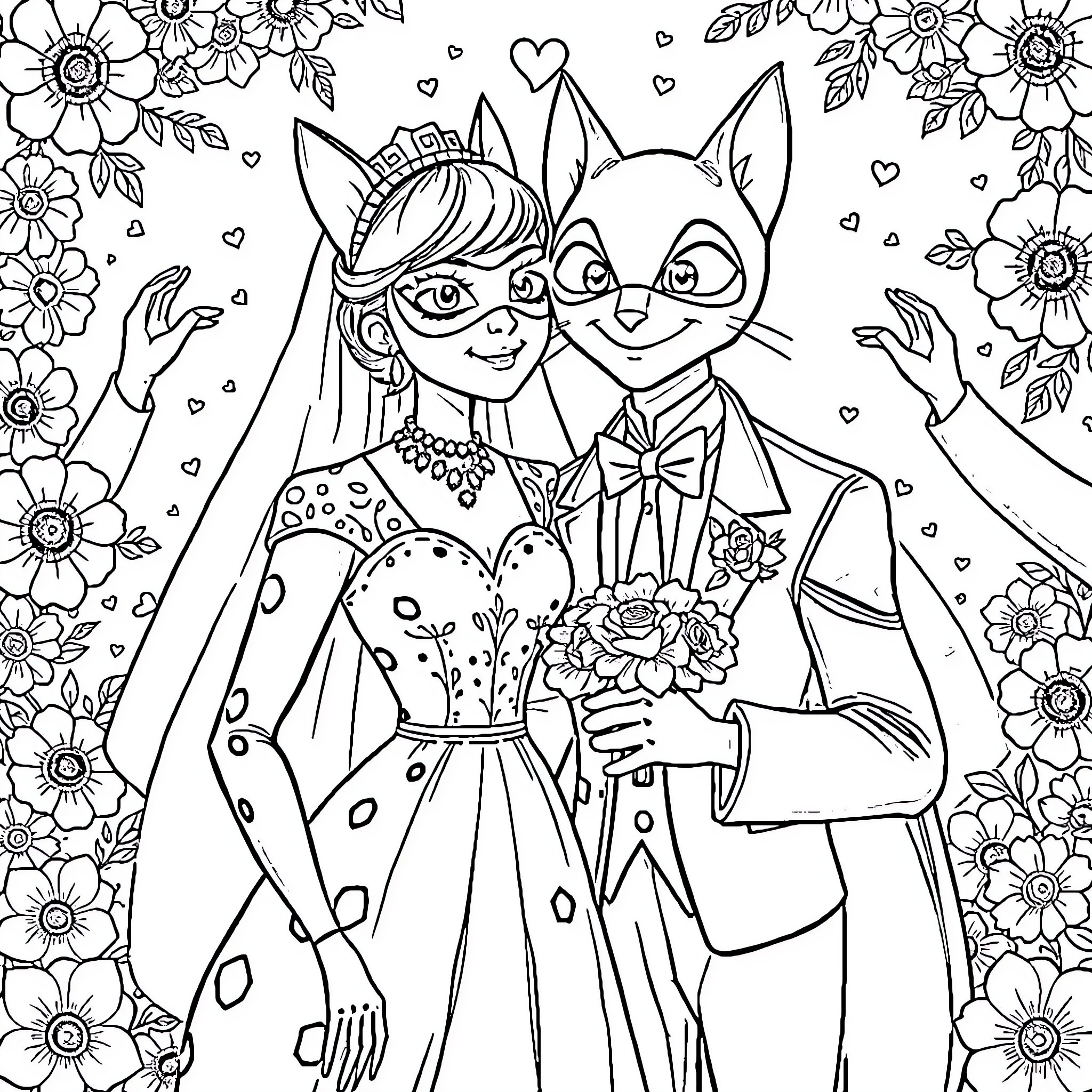 Ladybug and cat friends in a flower-filled wedding scene Coloring Page (free black-and-white line drawing printable PDF for all, from beginners to advanced learners, including children, teens, adults, and seniors)