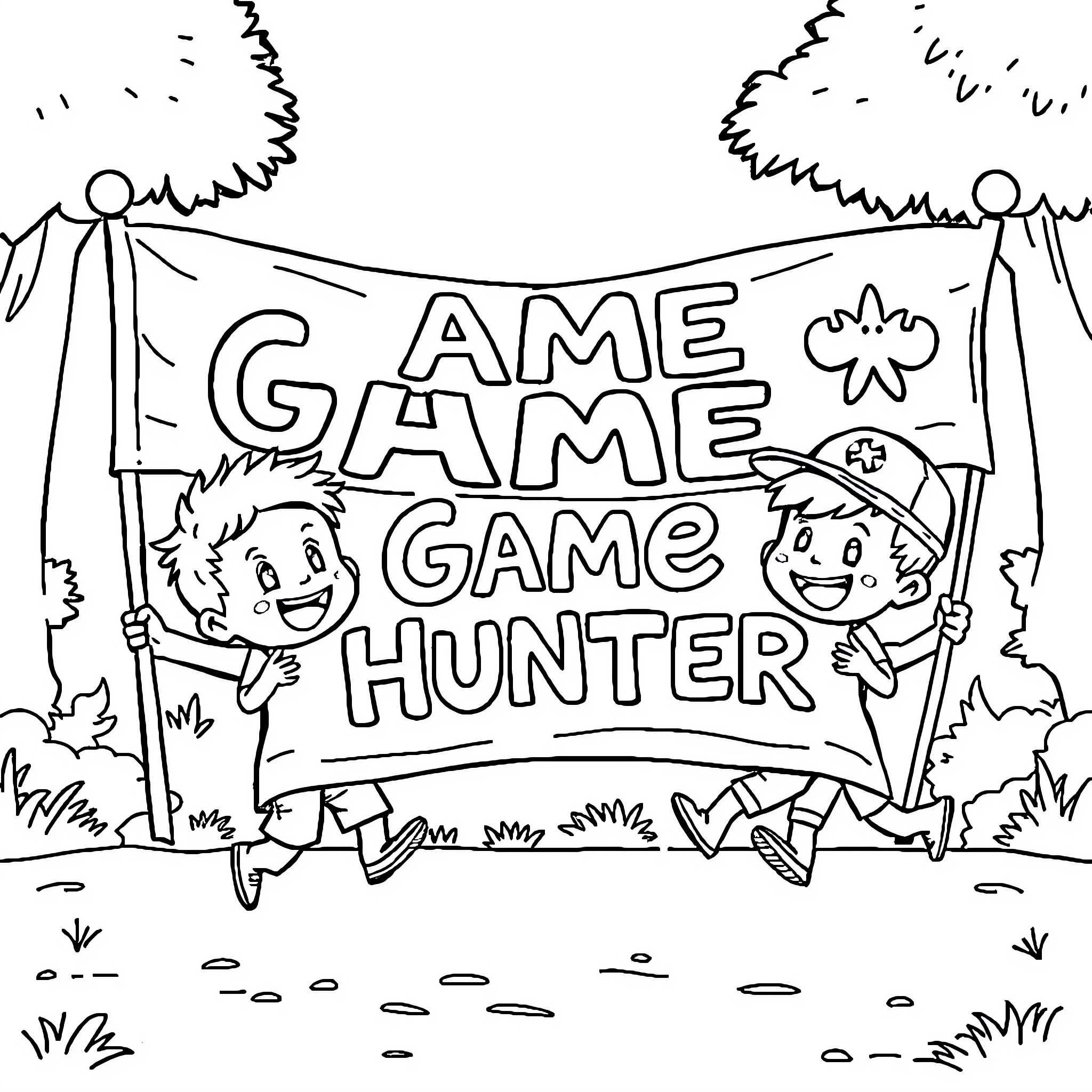 Chibi game hunters exploring nature Coloring Page (free black-and-white line drawing printable PDF for all, from beginners to advanced learners, including children, teens, adults, and seniors)