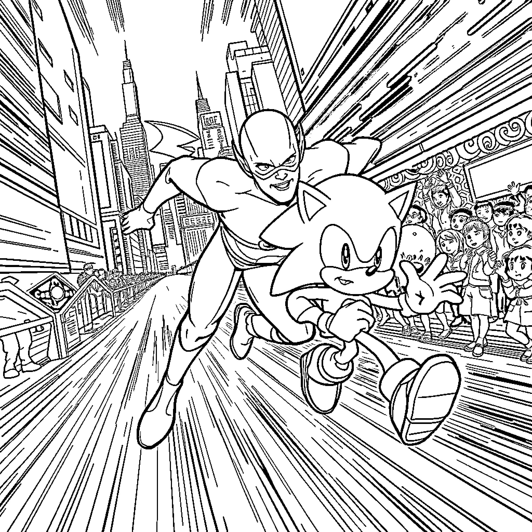 Flash Races Sonic through City Skyline Coloring Page (free black-and-white line drawing printable PDF for all, from beginners to advanced learners, including children, teens, adults, and seniors)