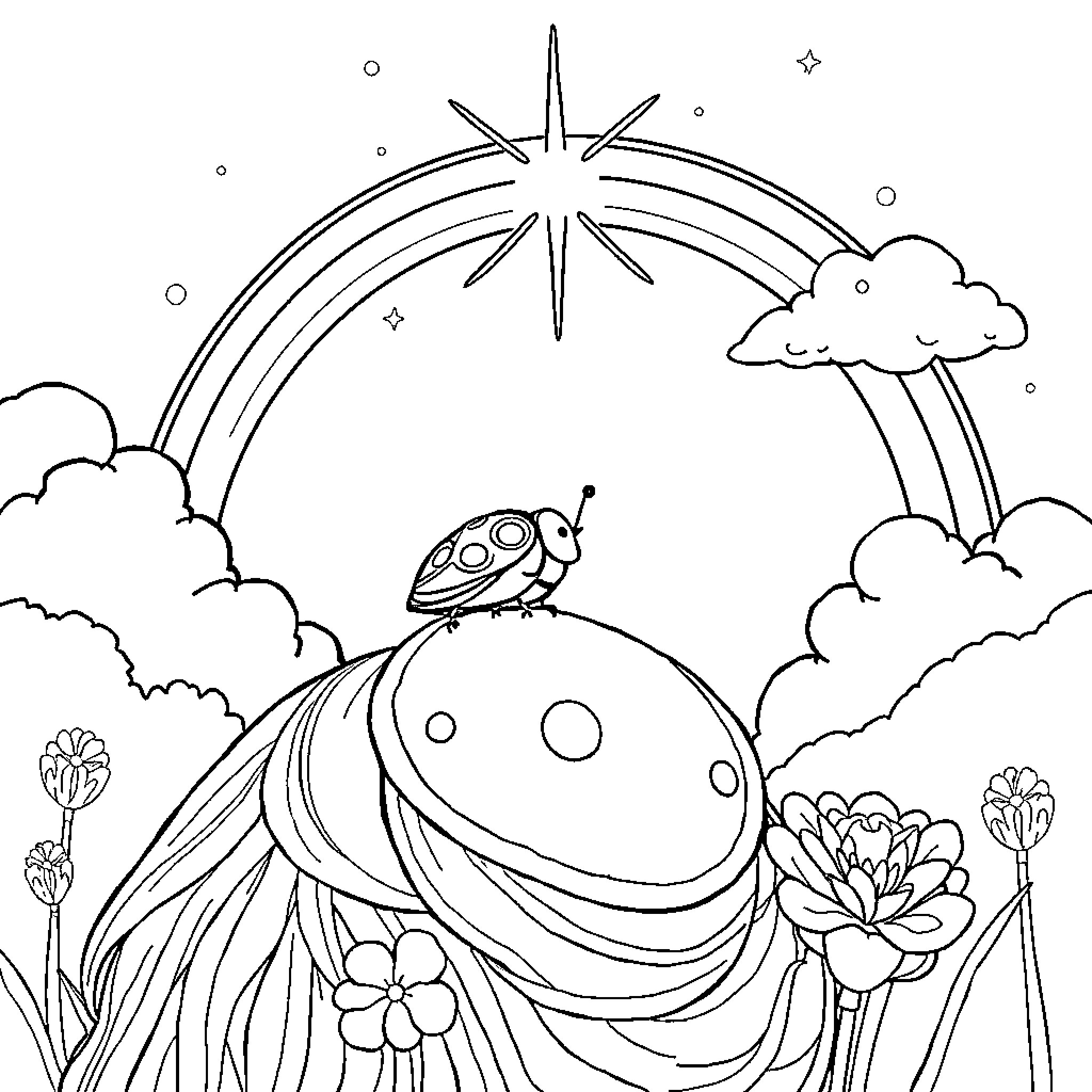 Ladybug exploring magical garden under starry night Coloring Page (free black-and-white line drawing printable PDF for all, from beginners to advanced learners, including children, teens, adults, and seniors)