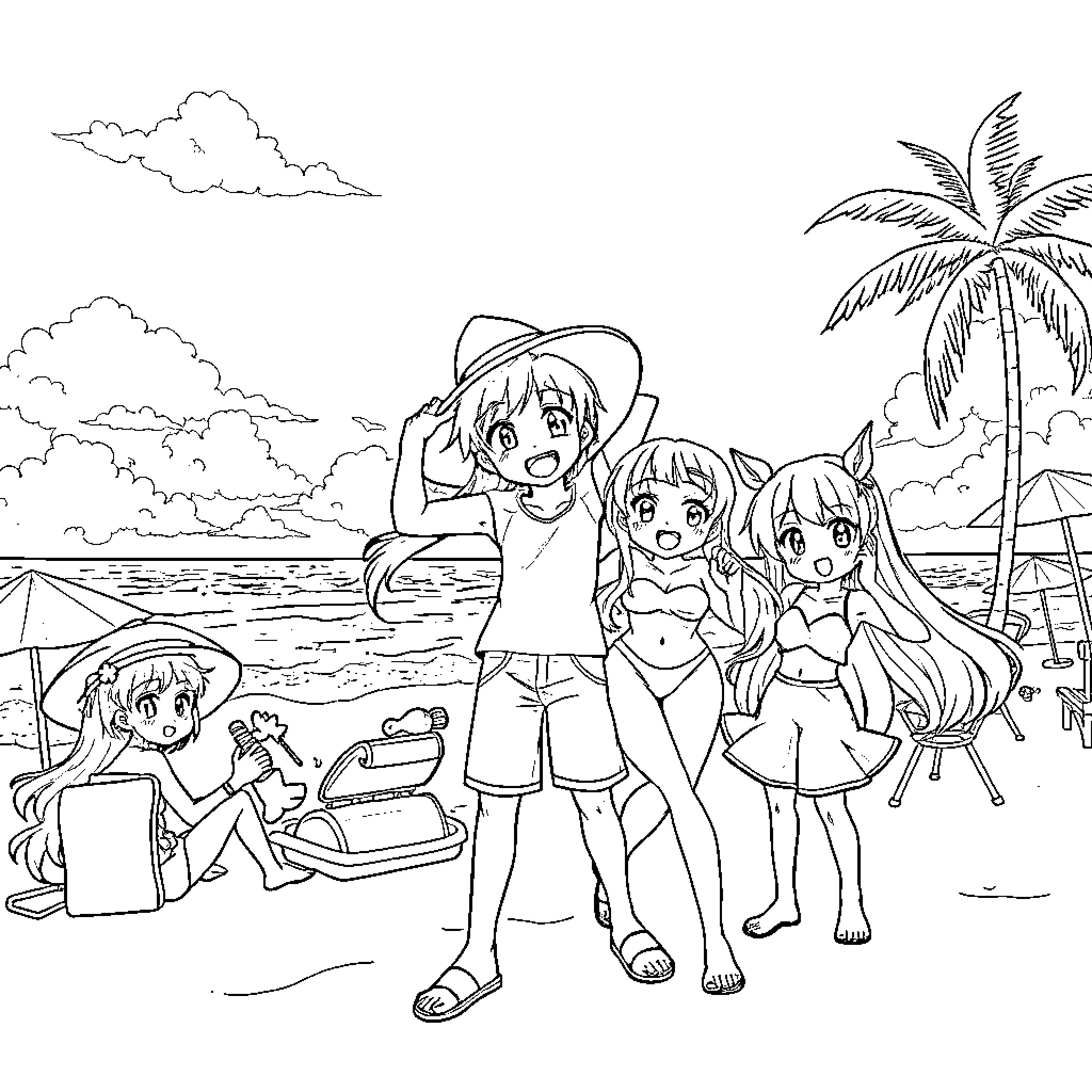 Anime group enjoying summer beach adventure Coloring Page (free black-and-white line drawing printable PDF for all, from beginners to advanced learners, including children, teens, adults, and seniors)