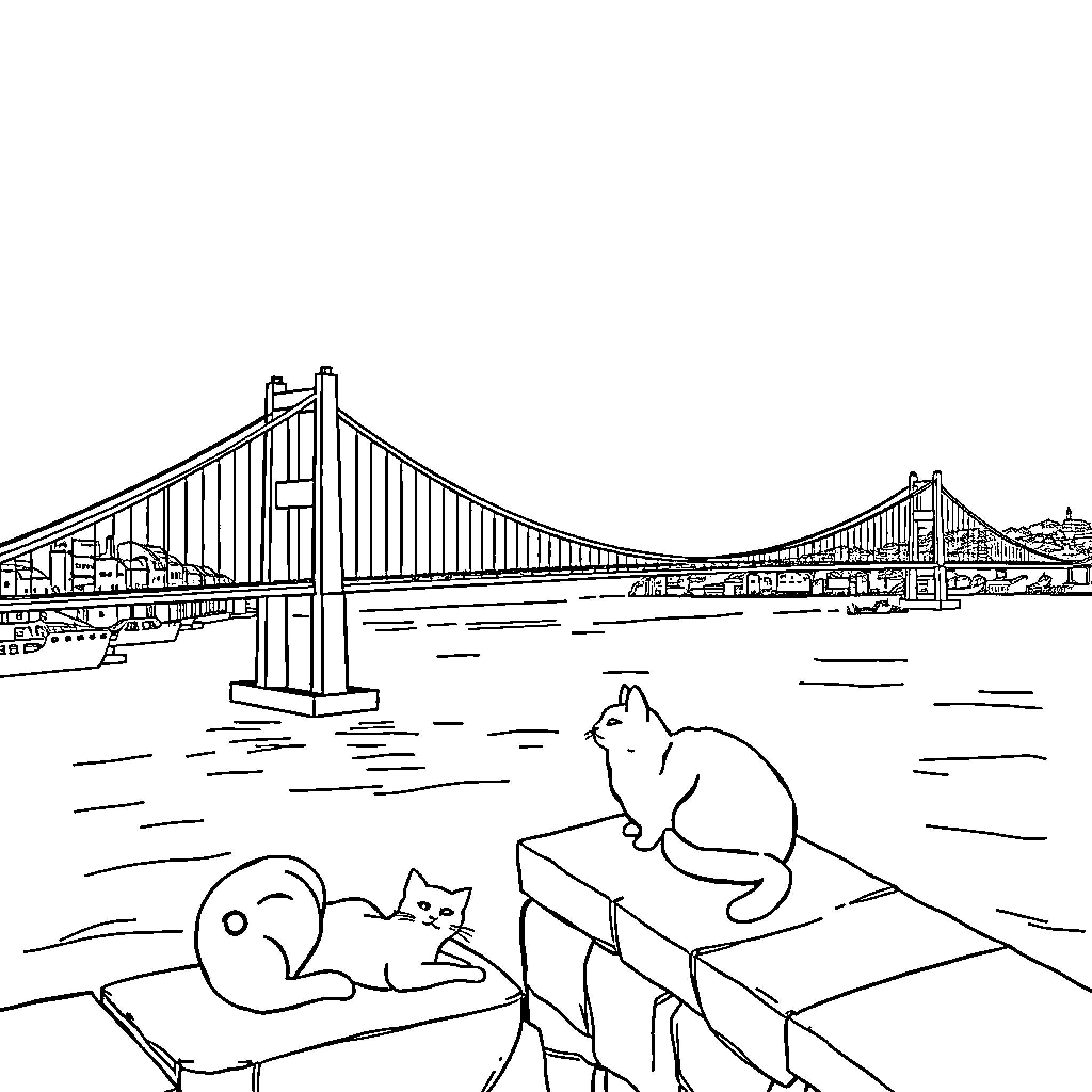 Cats lounging by the bridge Coloring Page (free black-and-white line drawing printable PDF for all, from beginners to advanced learners, including children, teens, adults, and seniors)