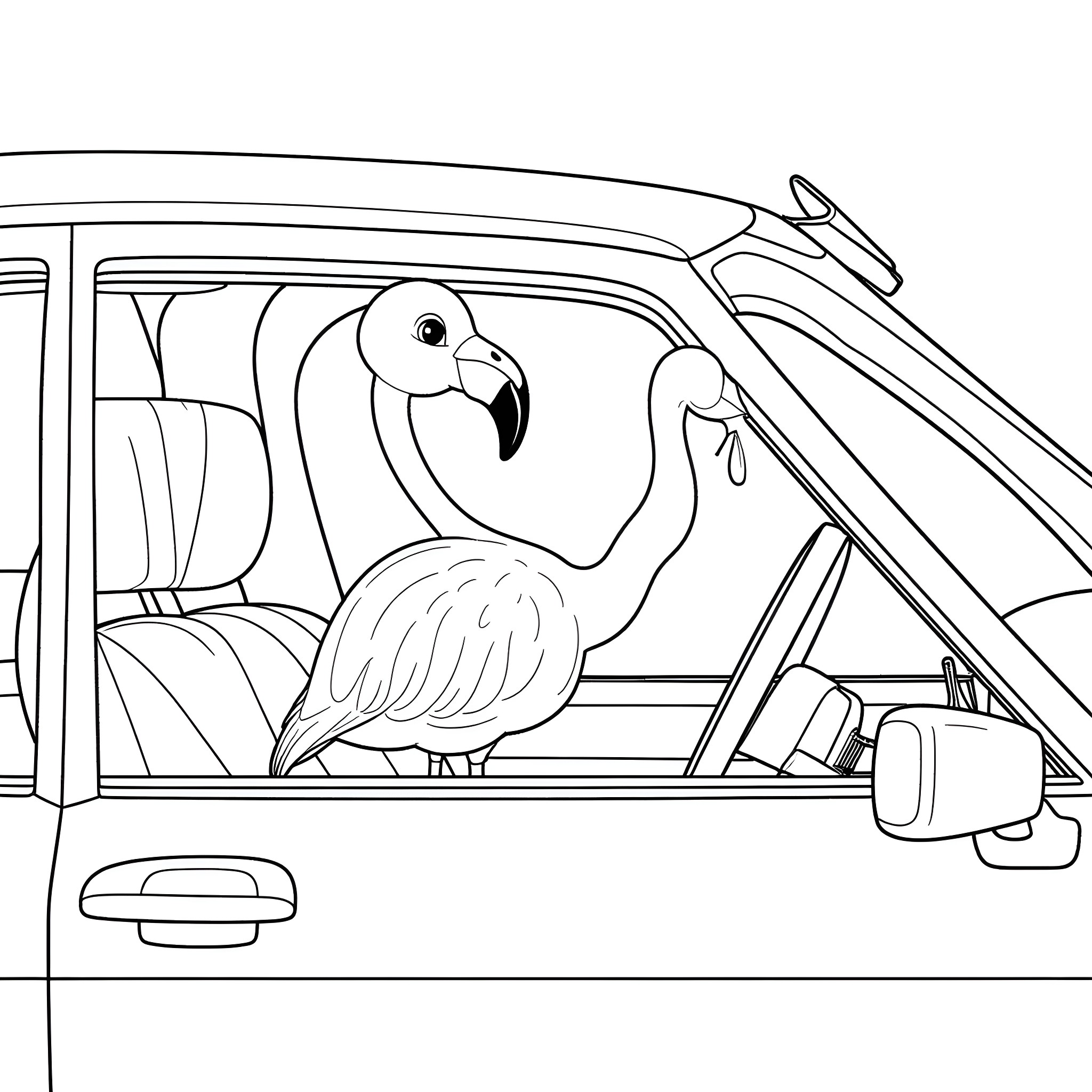 Flamingo enjoying a road trip in a car Coloring Page (free black-and-white line drawing printable PDF for all, from beginners to advanced learners, including children, teens, adults, and seniors)