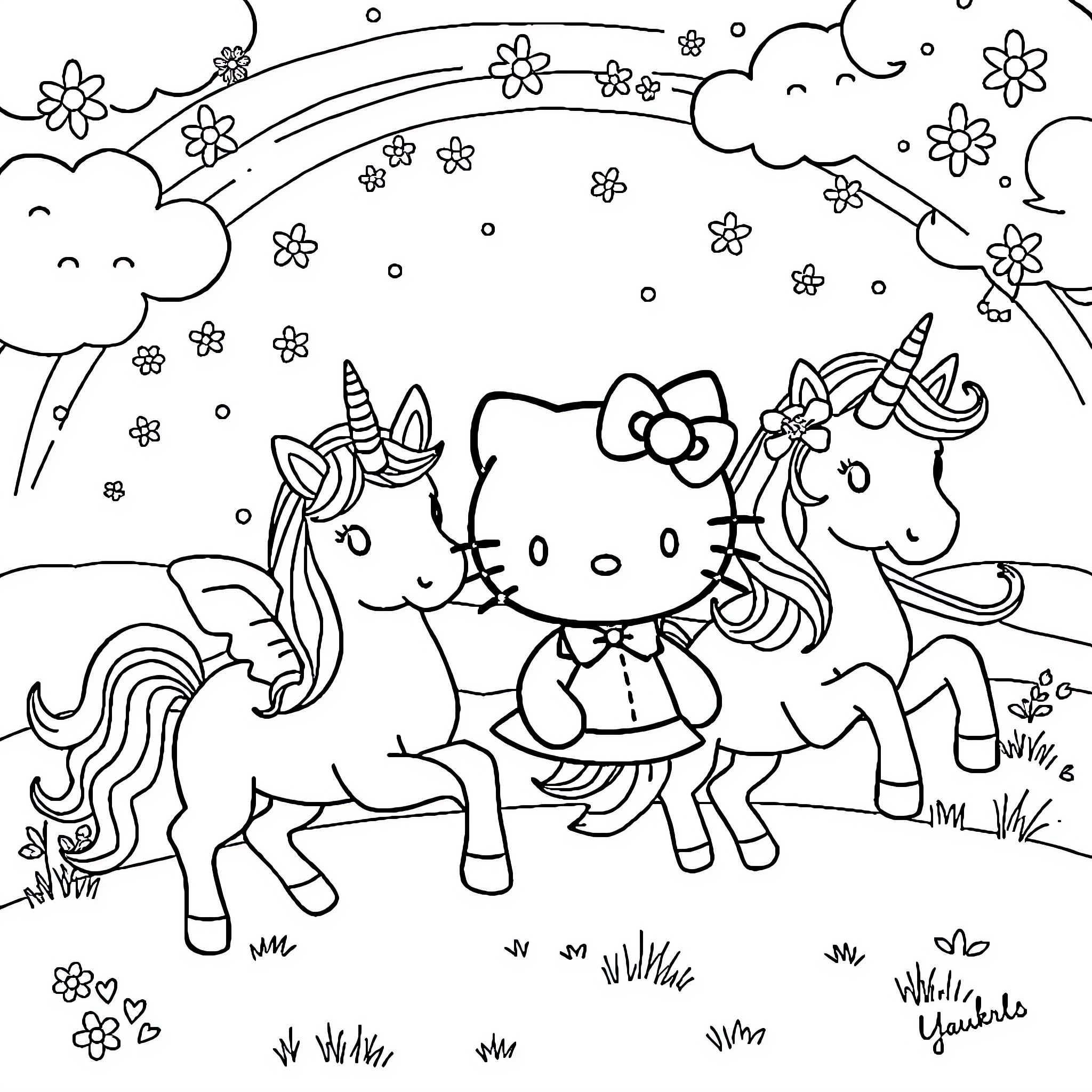 Unicorn Friends Enjoy Whimsical Fantasy Adventure Coloring Page (free black-and-white line drawing printable PDF for all, from beginners to advanced learners, including children, teens, adults, and seniors)