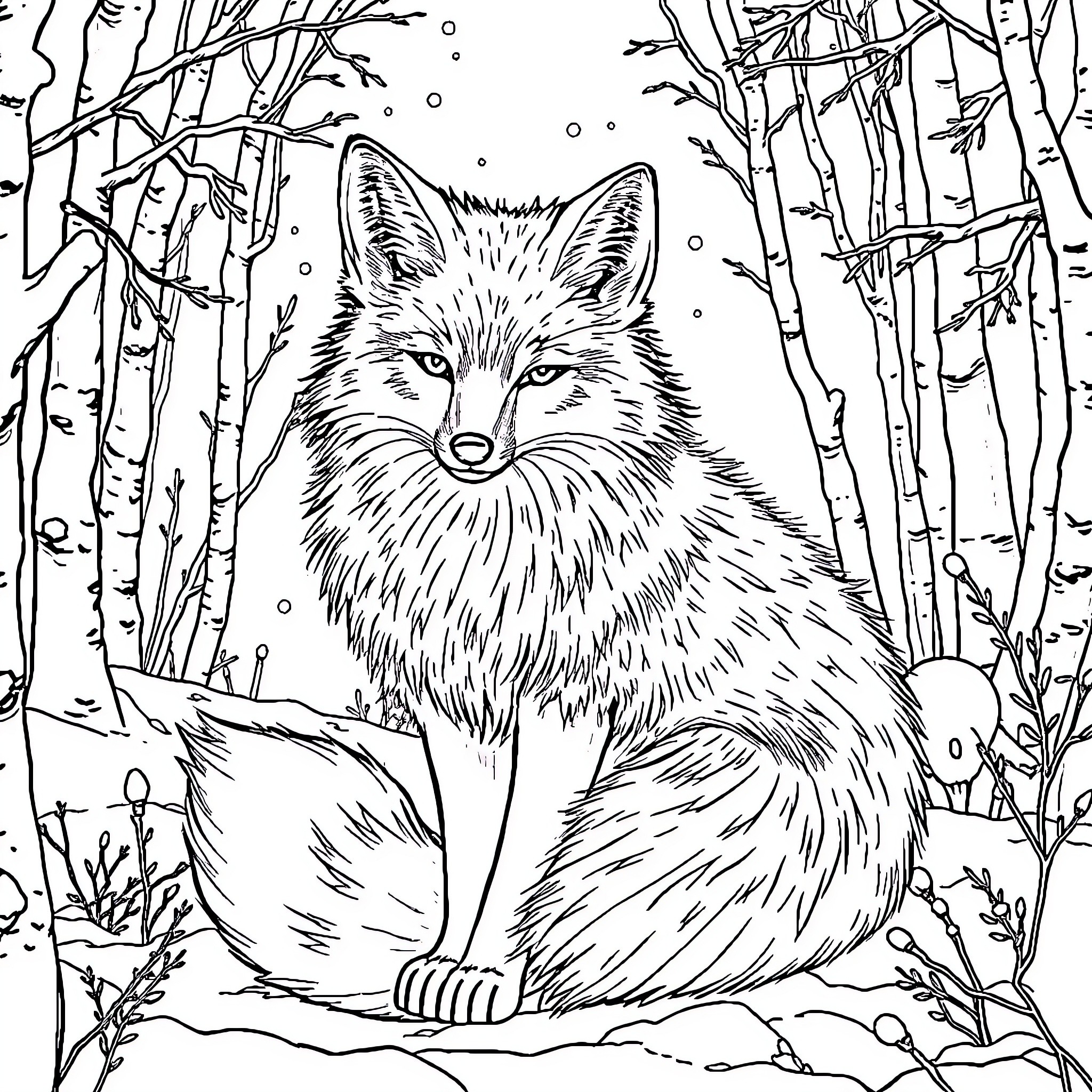 Fox Resting in Snowy Forest Coloring Page (free black-and-white line drawing printable PDF for all, from beginners to advanced learners, including children, teens, adults, and seniors)