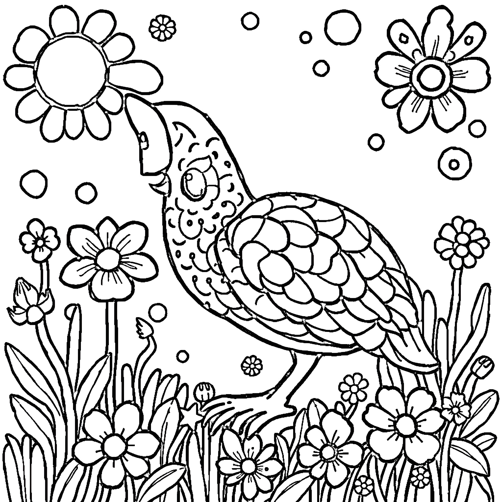 Aesthetic Floral Parrot in Whimsical Garden Coloring Page (free black-and-white line drawing printable PDF for all, from beginners to advanced learners, including children, teens, adults, and seniors)