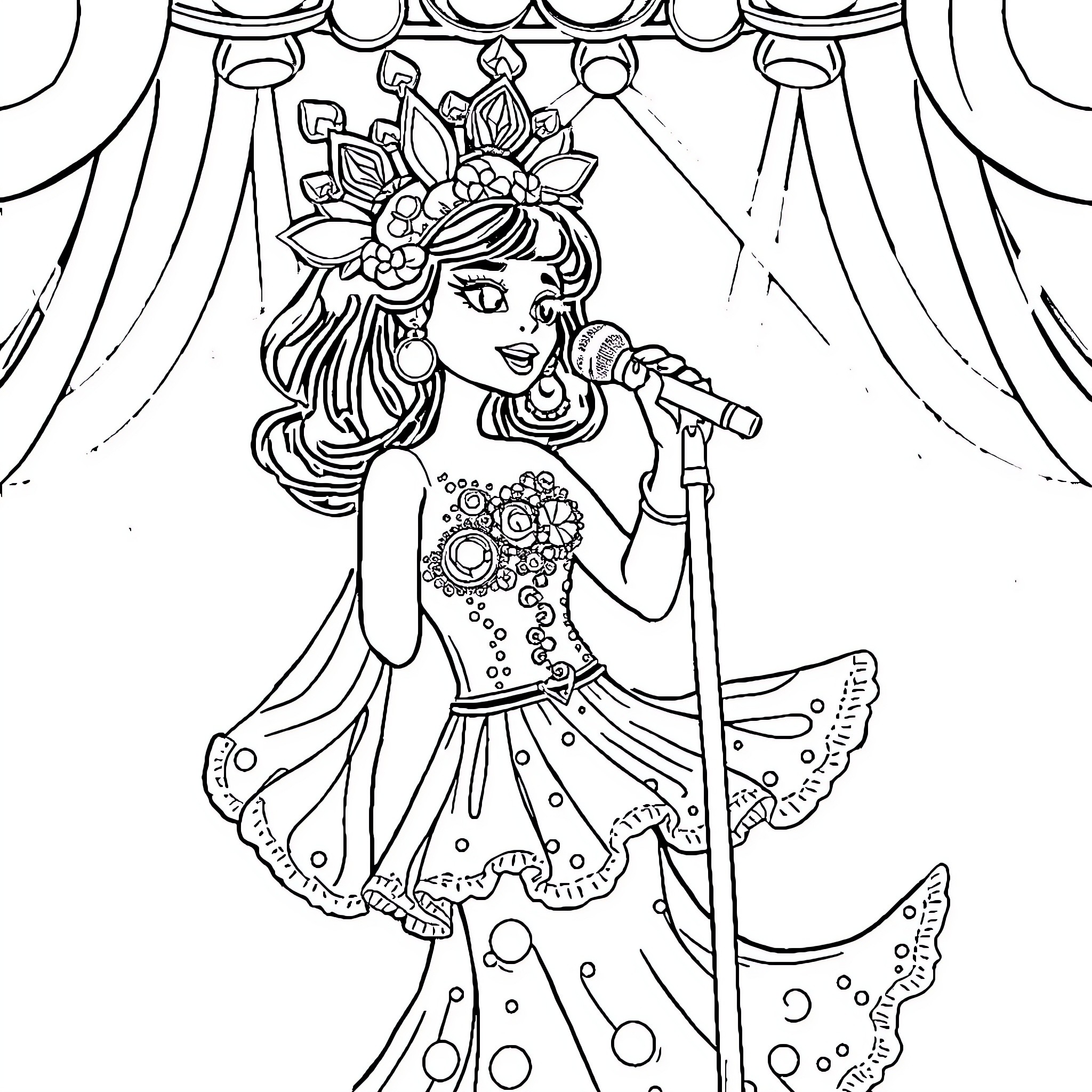 Lola's Enchanting Stage Performance Coloring Page (free black-and-white line drawing printable PDF for all, from beginners to advanced learners, including children, teens, adults, and seniors)