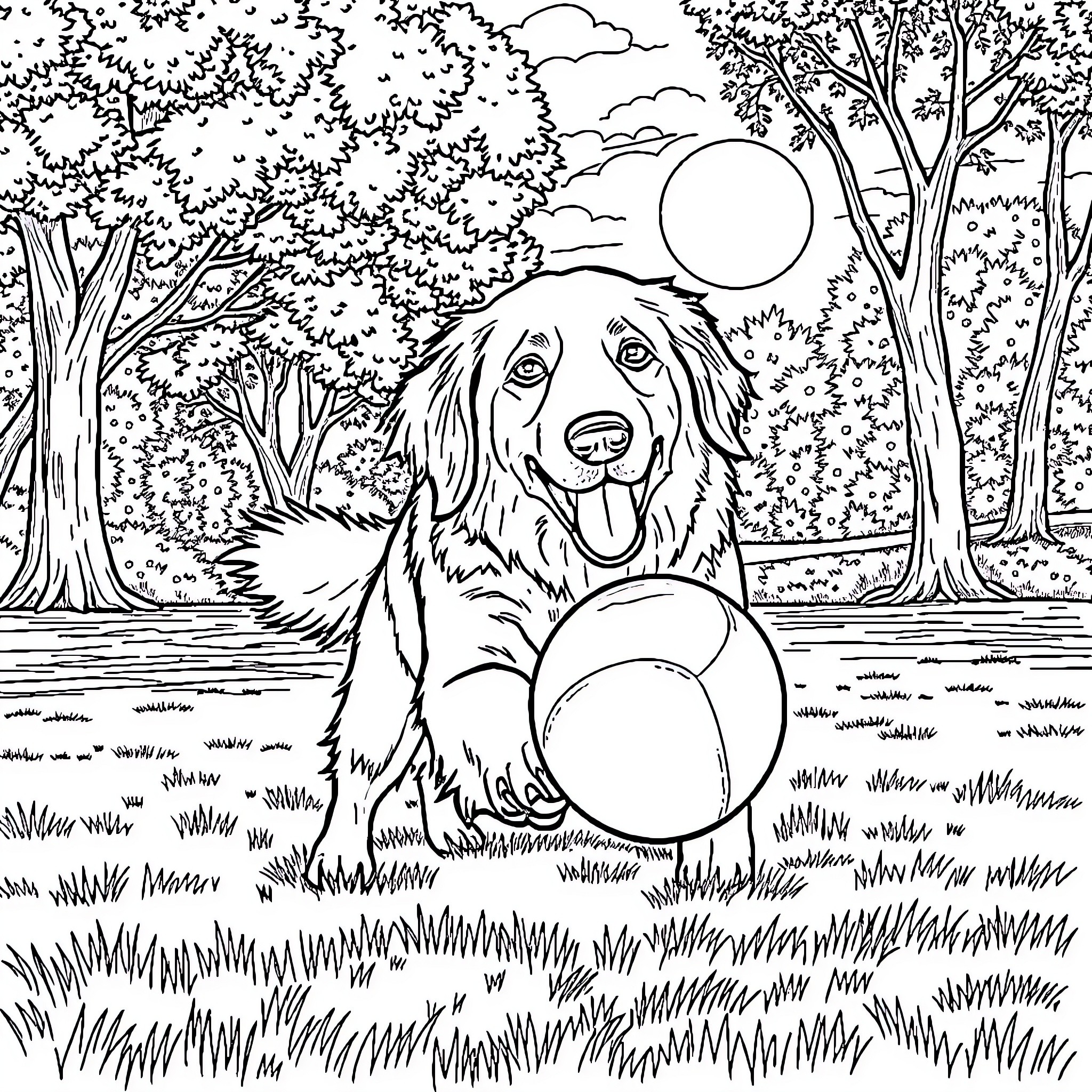 Golden Retriever enjoying a sunny day in the park Coloring Page (free black-and-white line drawing printable PDF for all, from beginners to advanced learners, including children, teens, adults, and seniors)