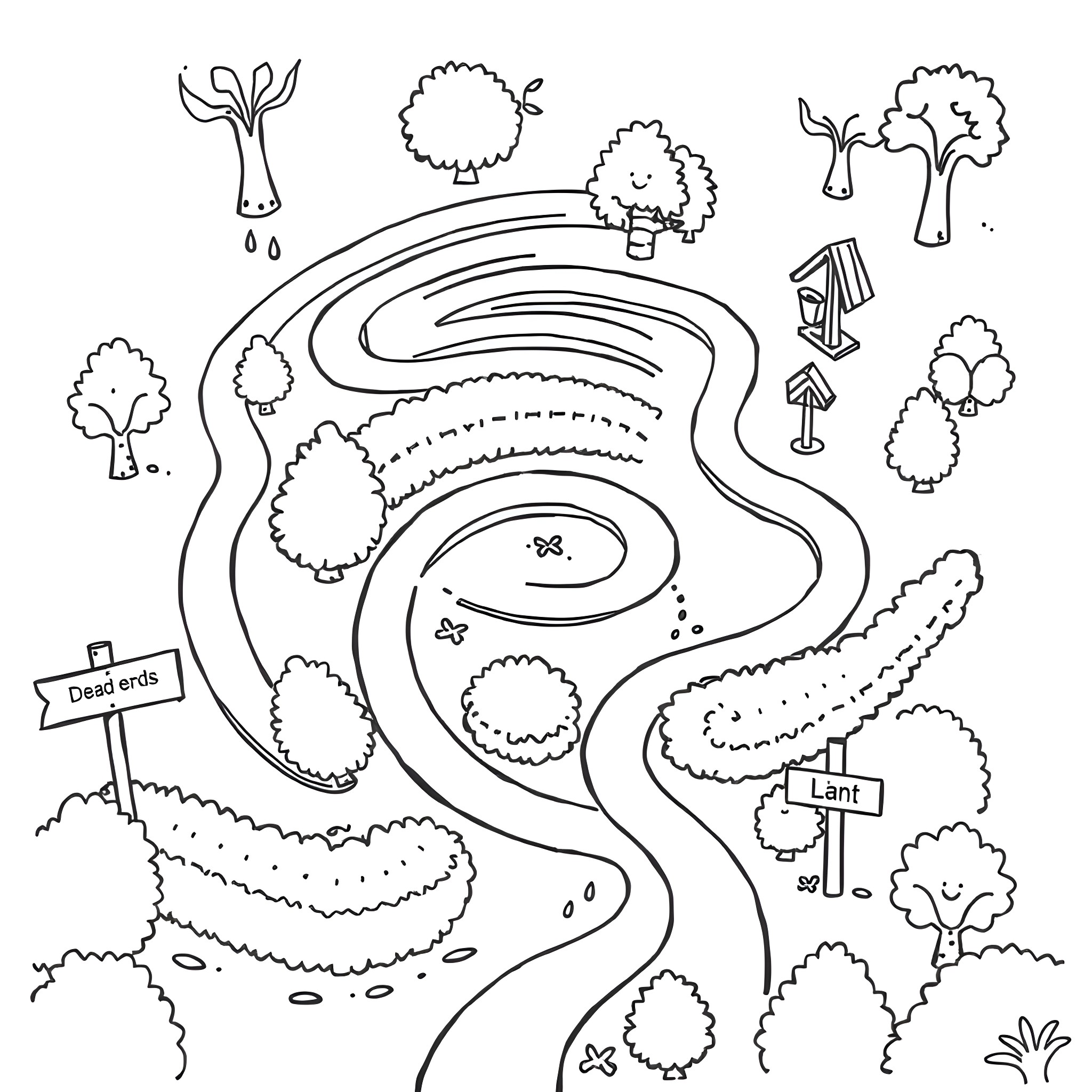 Maze of winding paths through a nature scene Coloring Page (free black-and-white line drawing printable PDF for all, from beginners to advanced learners, including children, teens, adults, and seniors)