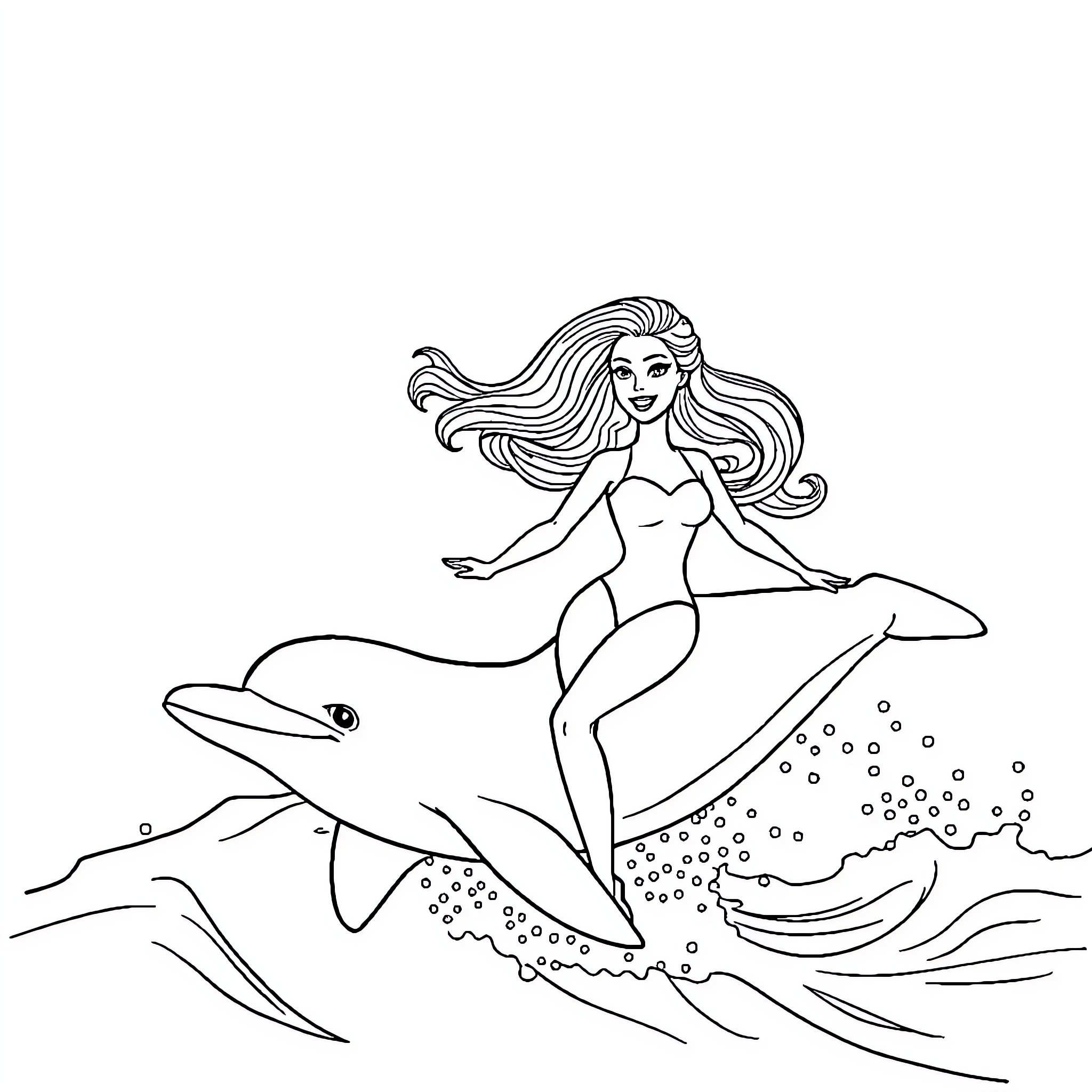 Barbie mermaid swimming with dolphins Coloring Page (free black-and-white line drawing printable PDF for all, from beginners to advanced learners, including children, teens, adults, and seniors)