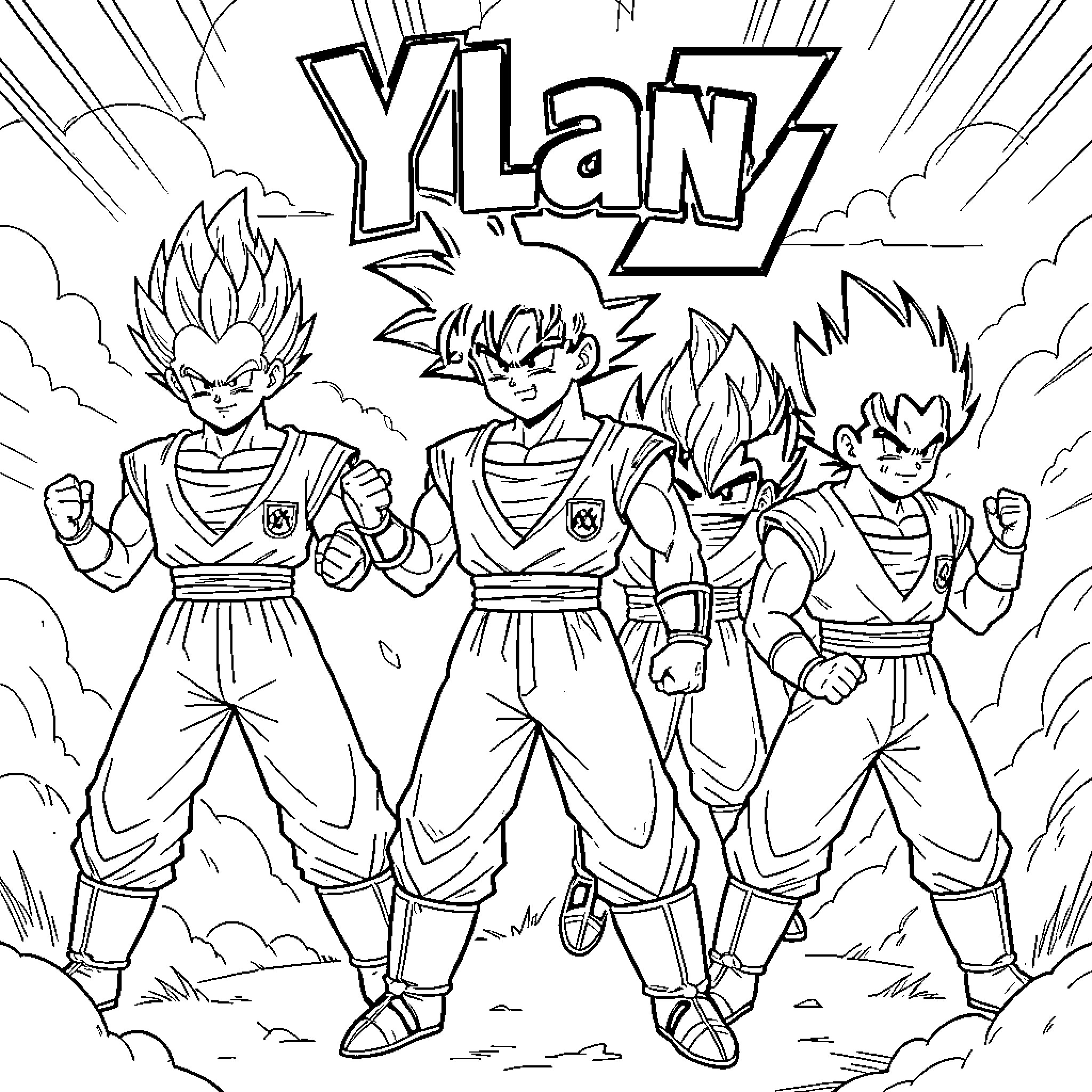 Dragon Ball Z characters posing in battle stances Coloring Page (free black-and-white line drawing printable PDF for all, from beginners to advanced learners, including children, teens, adults, and seniors)