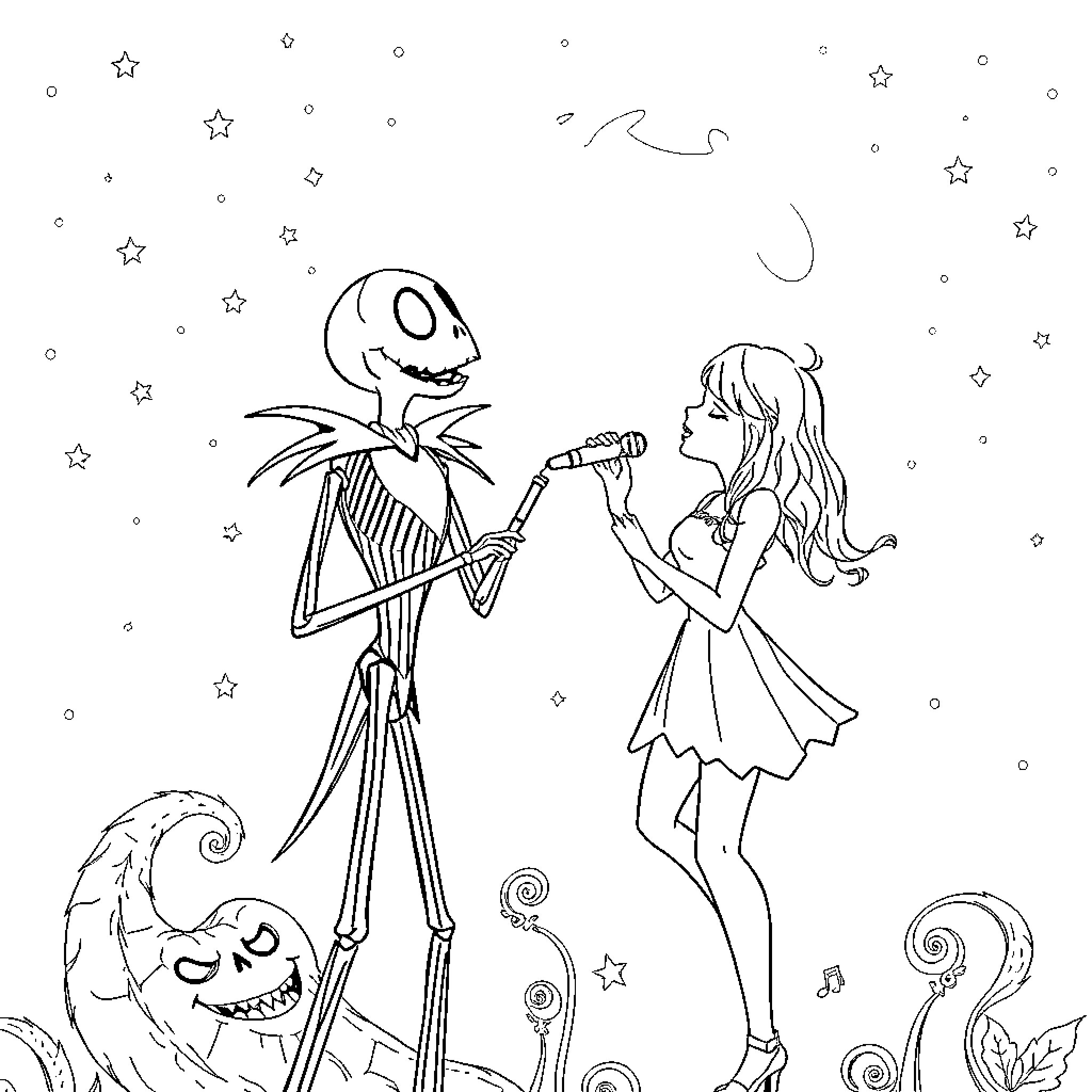 Jack Skellington singing with a young girl in a starry night Coloring Page (free black-and-white line drawing printable PDF for all, from beginners to advanced learners, including children, teens, adults, and seniors)