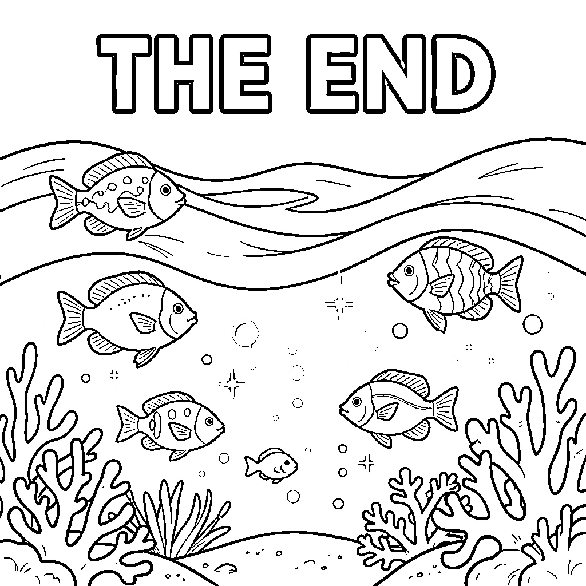 Sea Animals in an Underwater Scene Coloring Page (free black-and-white line drawing printable PDF for all, from beginners to advanced learners, including children, teens, adults, and seniors)