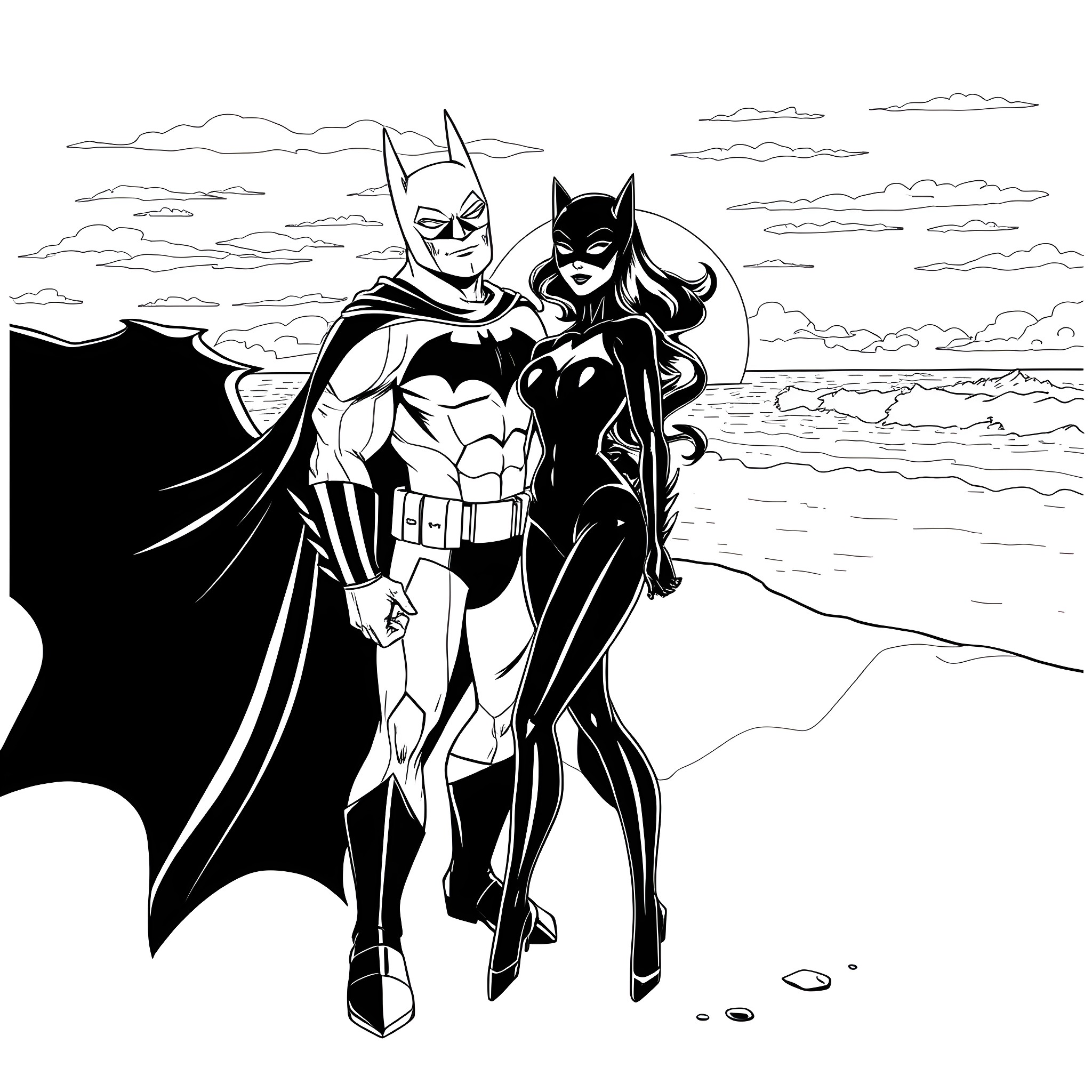 Batman and Catwoman standing together in heroic poses Coloring Page (free black-and-white line drawing printable PDF for all, from beginners to advanced learners, including children, teens, adults, and seniors)