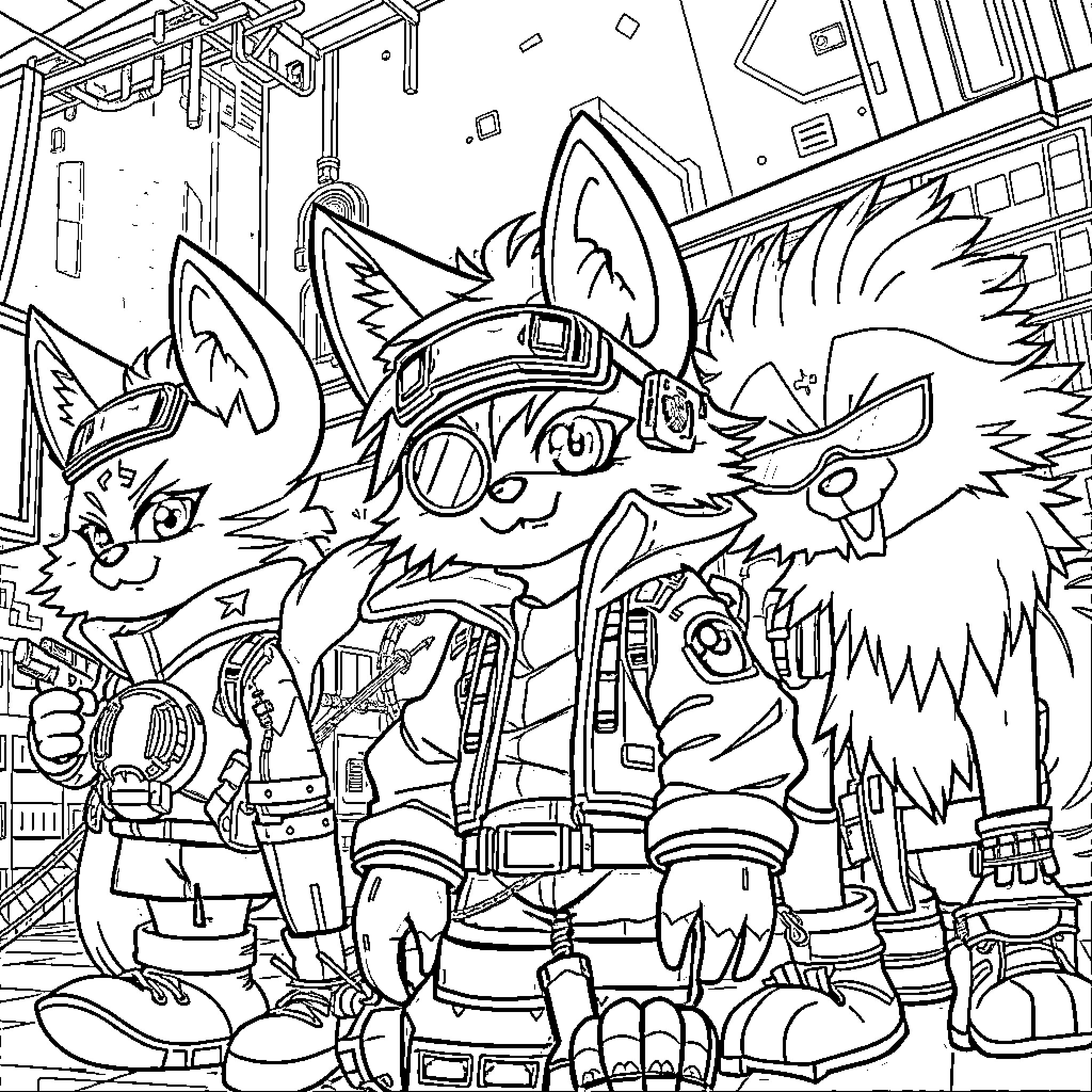 Cyberpunk Futuristic Anthropomorphic Creatures in Cityscape Coloring Page (free black-and-white line drawing printable PDF for all, from beginners to advanced learners, including children, teens, adults, and seniors)