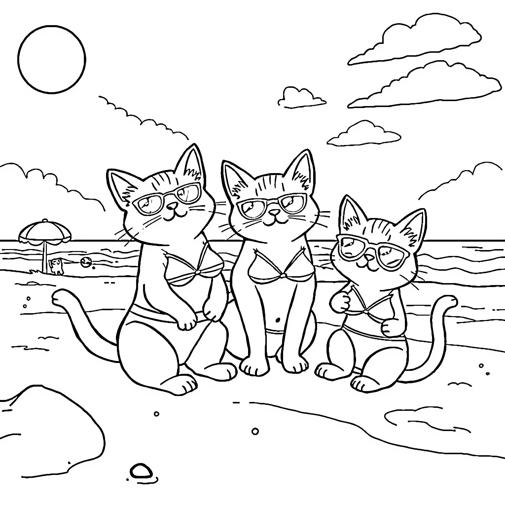 Cat Trio Enjoying the Beach Coloring Page (free black-and-white line drawing printable PDF for all, from beginners to advanced learners, including children, teens, adults, and seniors)