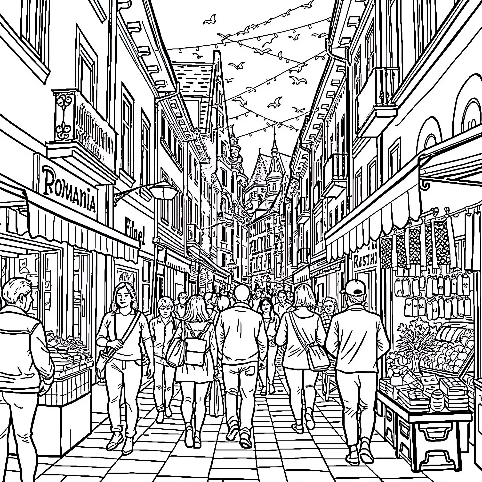 Person walking through a crowded city street Coloring Page (free black-and-white line drawing printable PDF for all, from beginners to advanced learners, including children, teens, adults, and seniors)