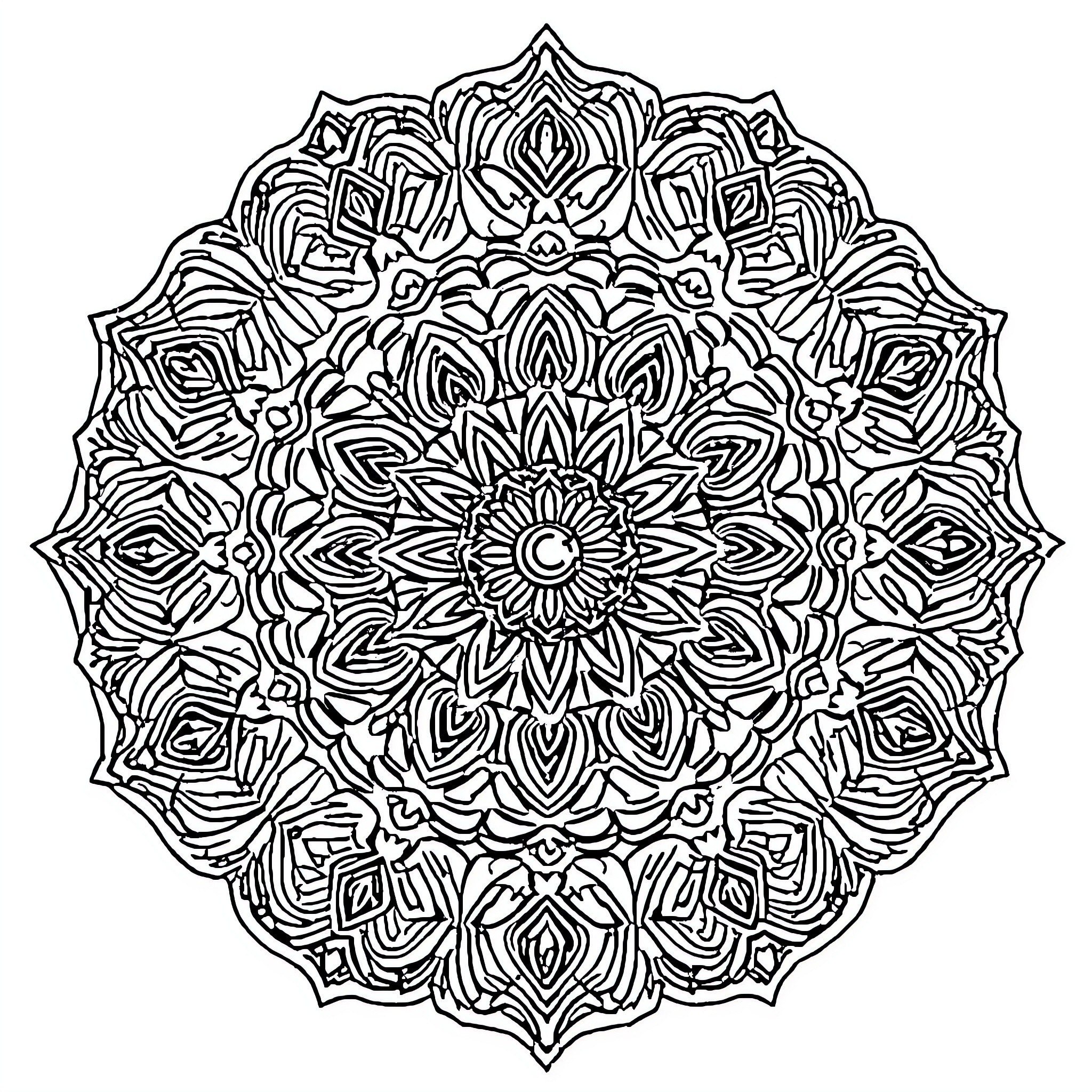 Mandala of intricate geometric patterns Coloring Page (free black-and-white line drawing printable PDF for all, from beginners to advanced learners, including children, teens, adults, and seniors)