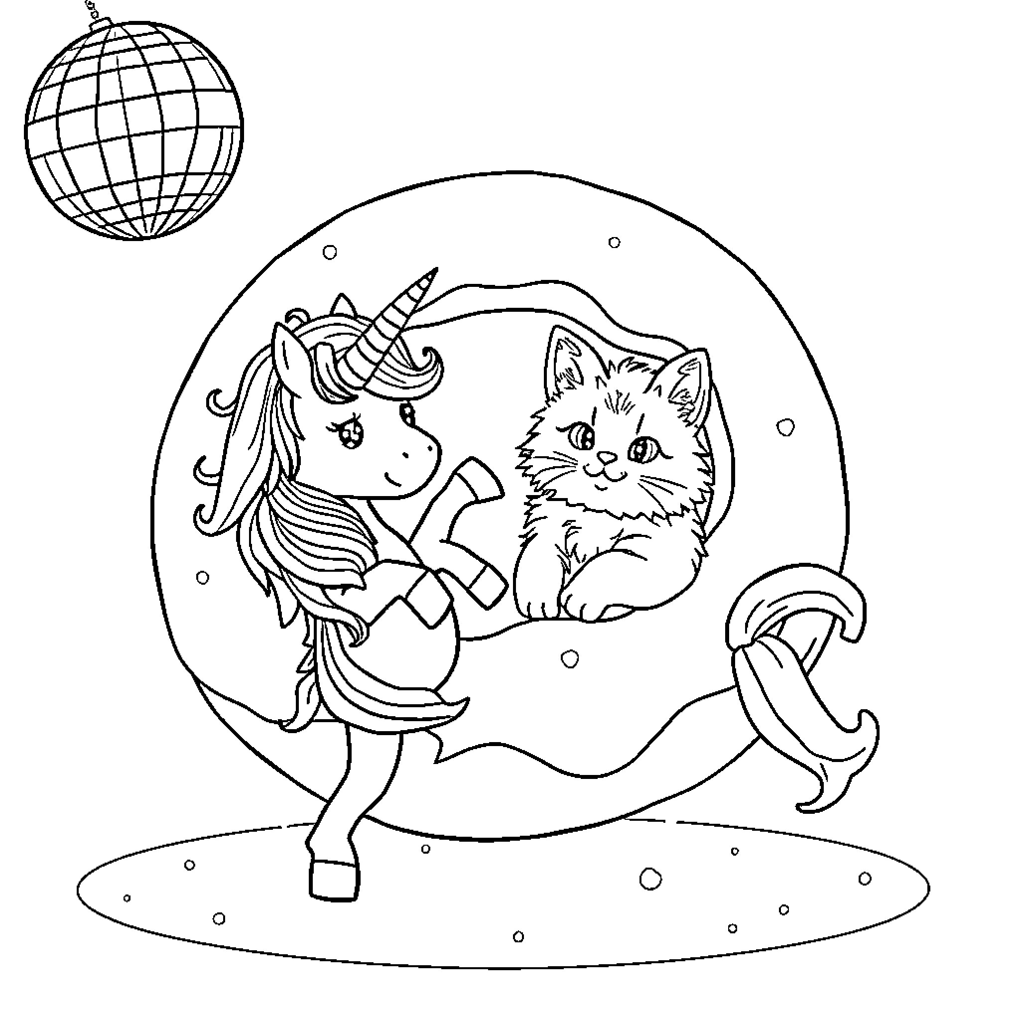 Unicorn dancing joyfully with a cat in the moonlight Coloring Page (free black-and-white line drawing printable PDF for all, from beginners to advanced learners, including children, teens, adults, and seniors)