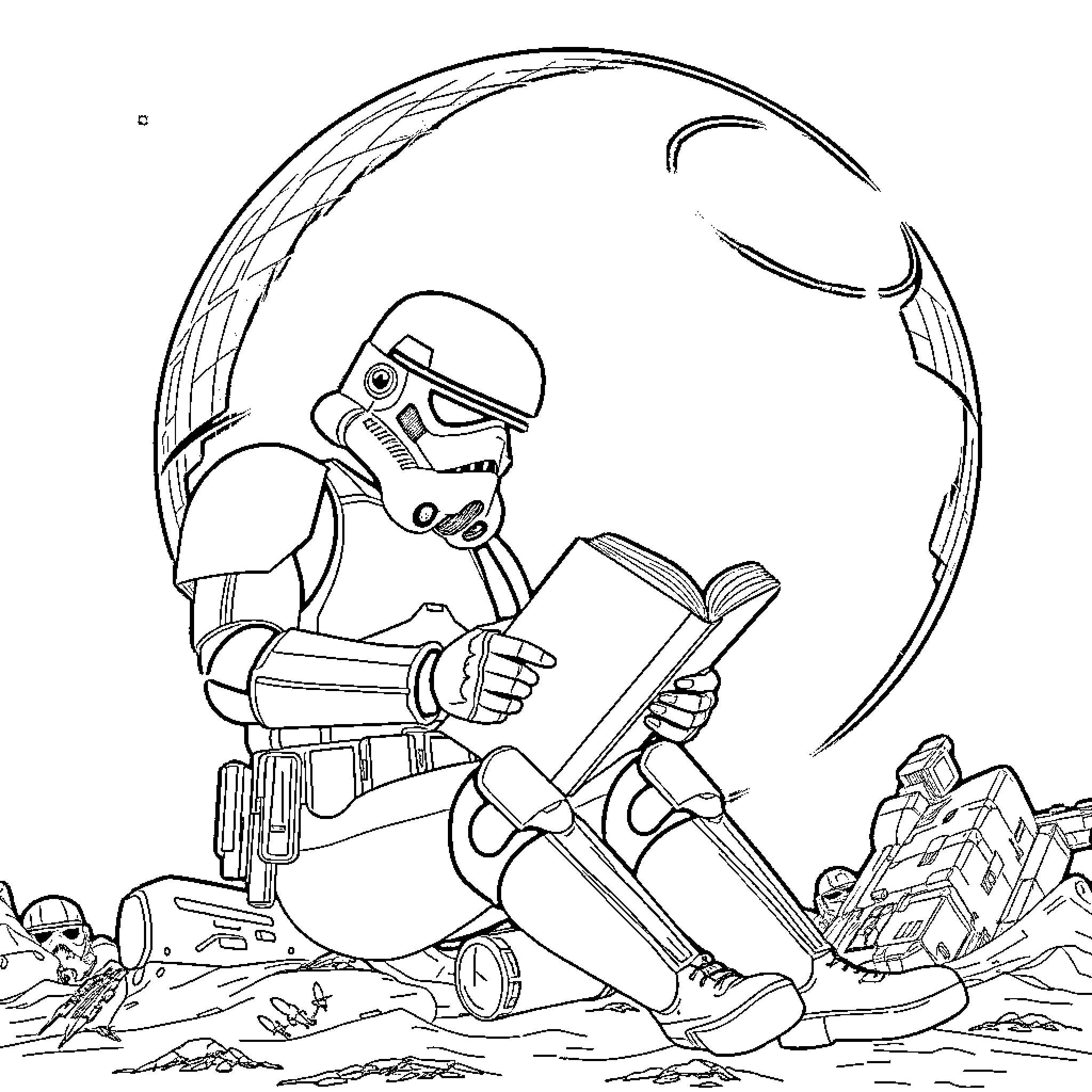 Storm Trooper reading intently in a battle-worn landscape Coloring Page (free black-and-white line drawing printable PDF for all, from beginners to advanced learners, including children, teens, adults, and seniors)