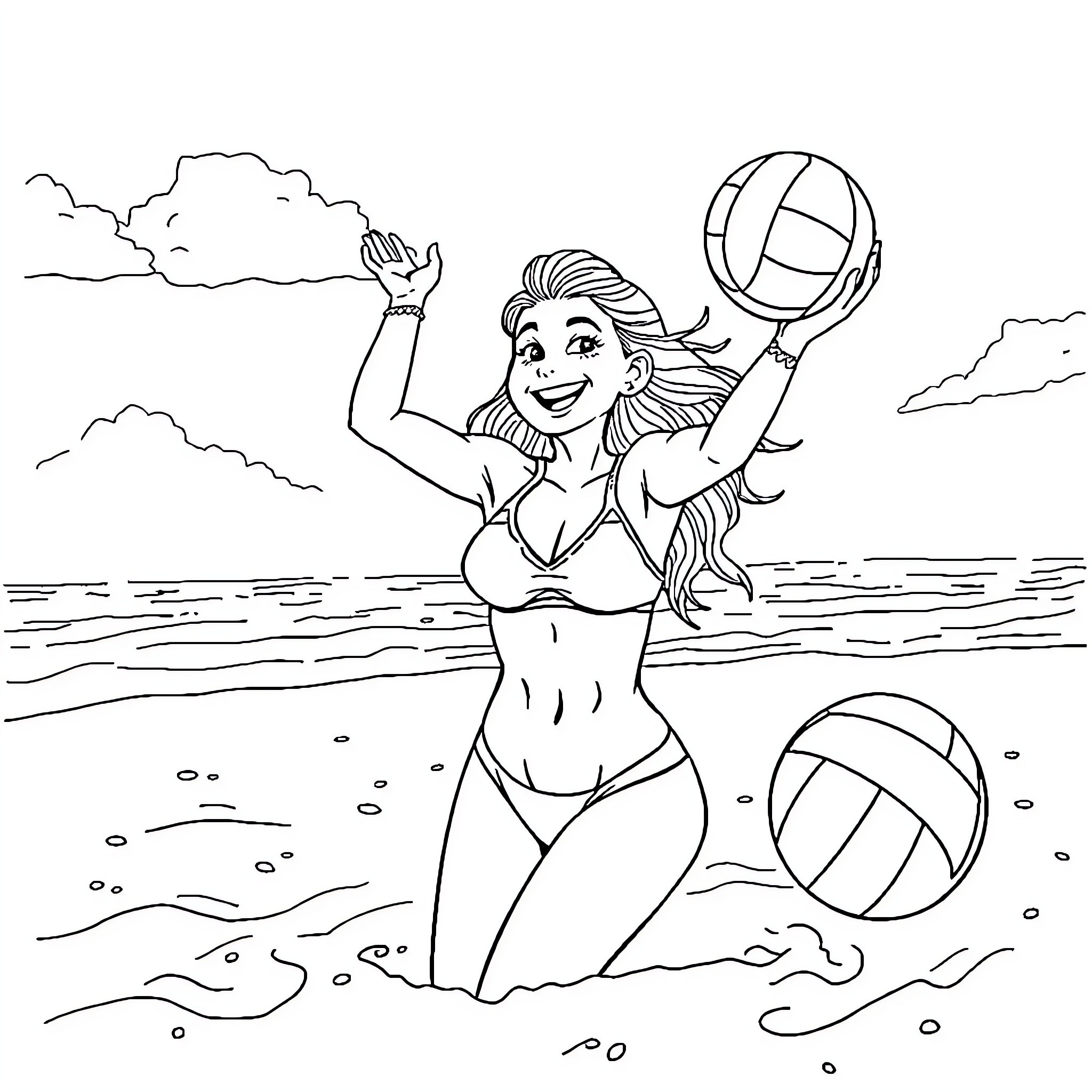 Sydney Sweeney playing volleyball on the beach Coloring Page (free black-and-white line drawing printable PDF for all, from beginners to advanced learners, including children, teens, adults, and seniors)