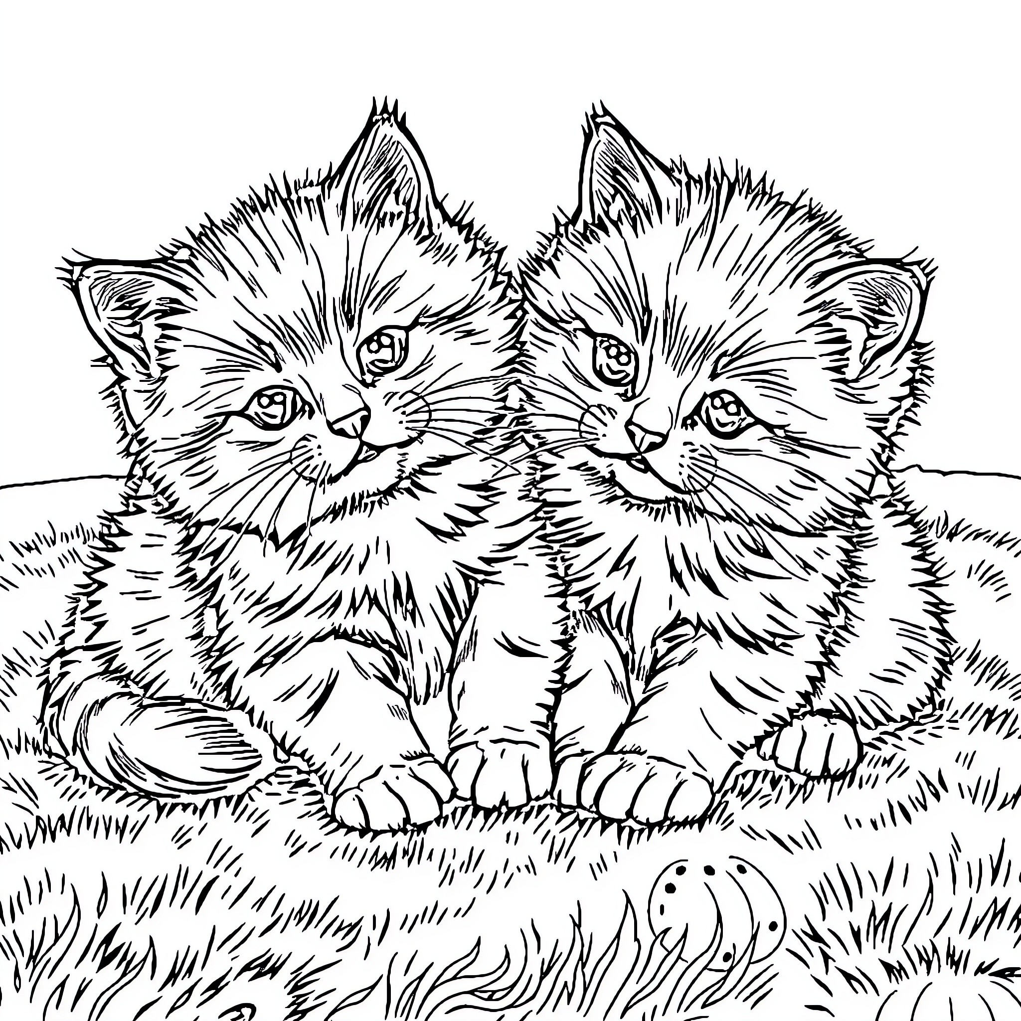 Kittens playing in the grass Coloring Page (free black-and-white line drawing printable PDF for all, from beginners to advanced learners, including children, teens, adults, and seniors)