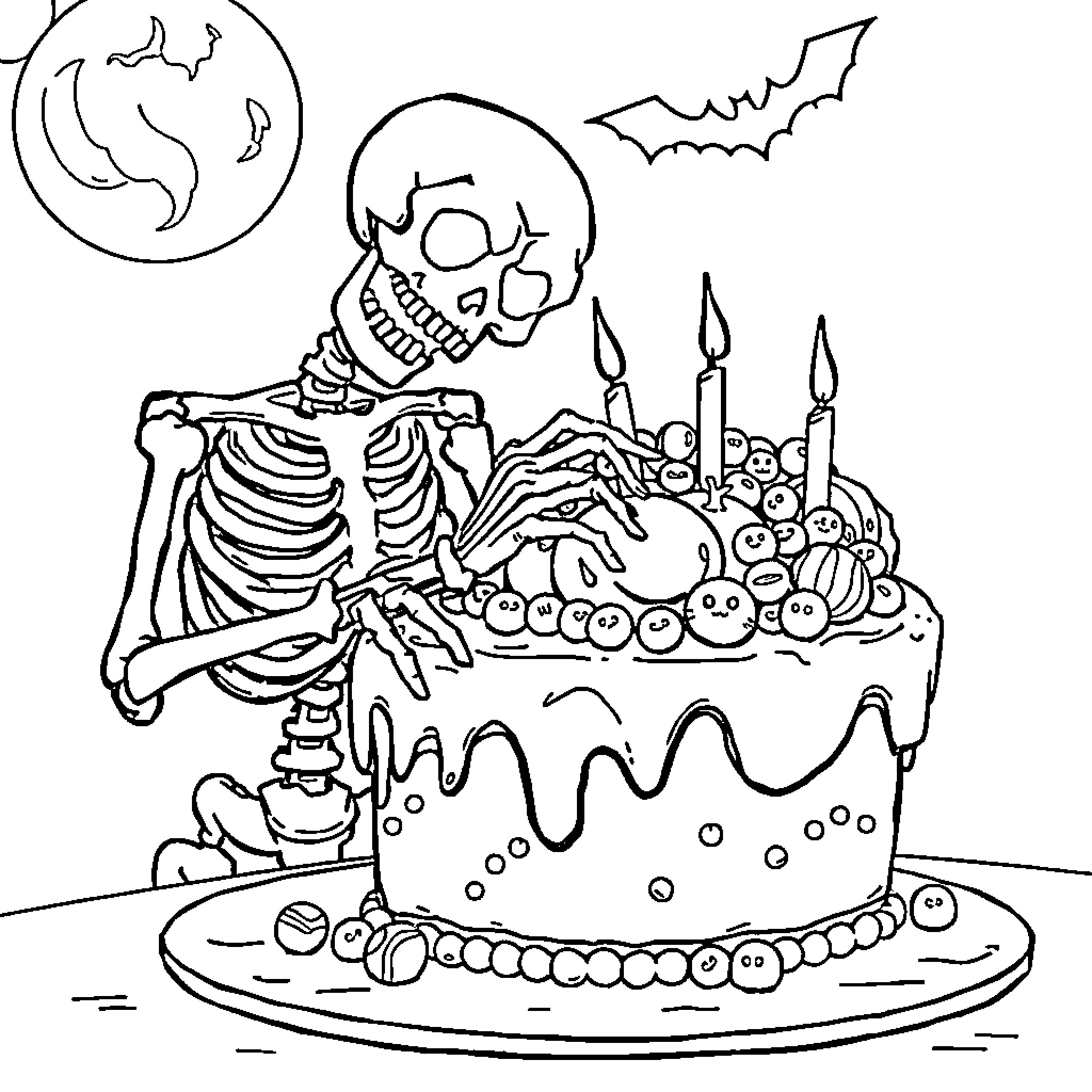 Jack's Spooky Birthday Celebration Coloring Page (free black-and-white line drawing printable PDF for all, from beginners to advanced learners, including children, teens, adults, and seniors)