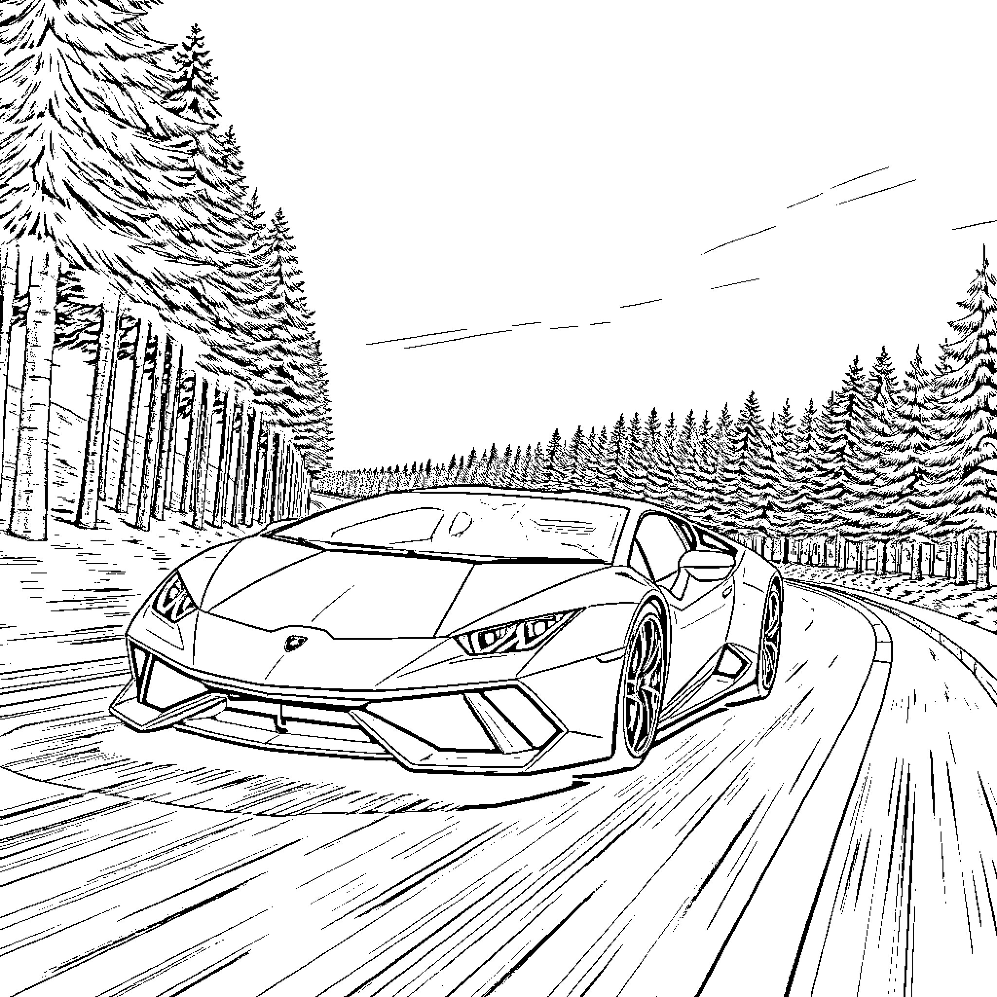 Lamborghini supercar speeding through snowy forest Coloring Page (free black-and-white line drawing printable PDF for all, from beginners to advanced learners, including children, teens, adults, and seniors)