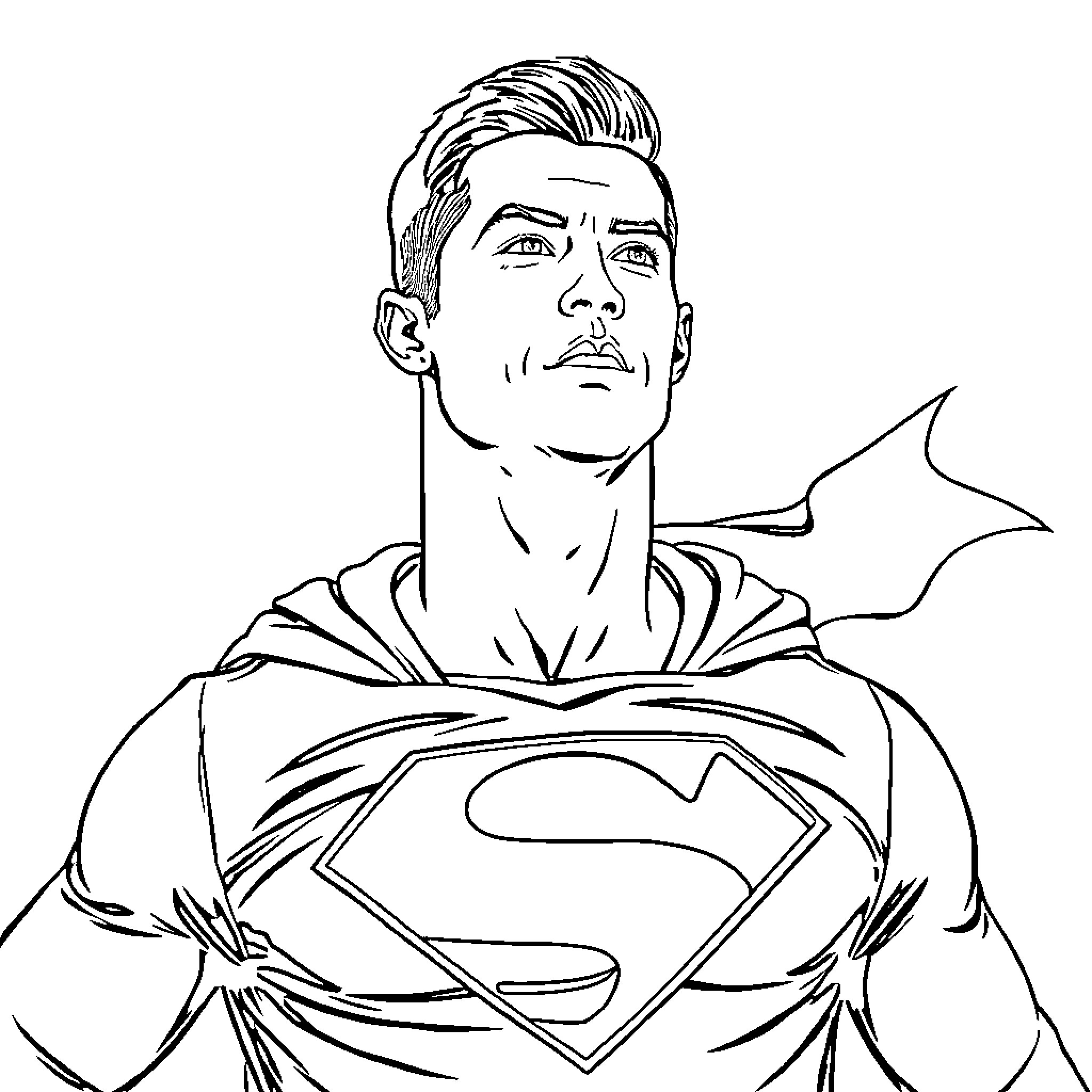 Cristiano Ronaldo as the iconic superhero Superman Coloring Page (free black-and-white line drawing printable PDF for all, from beginners to advanced learners, including children, teens, adults, and seniors)