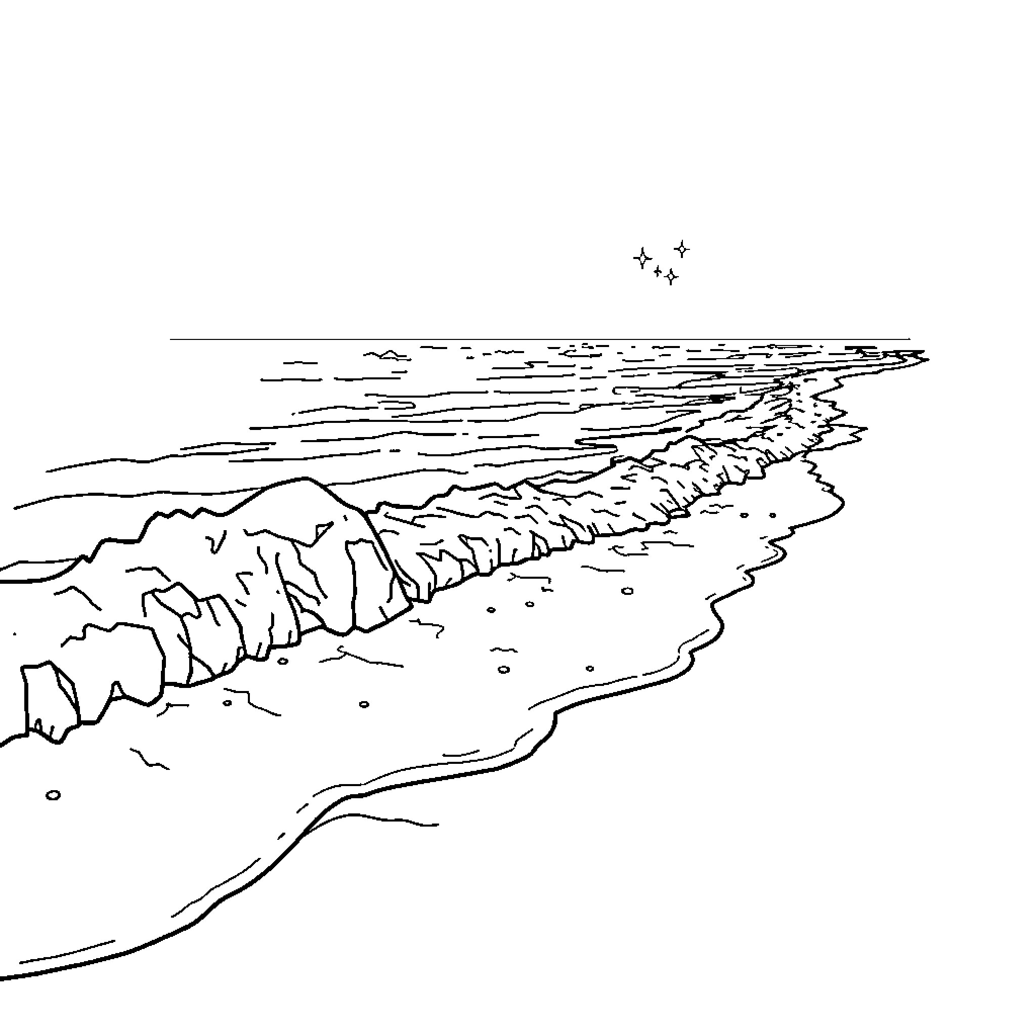 Frozen coastal landscape with mountainous terrain Coloring Page (free black-and-white line drawing printable PDF for all, from beginners to advanced learners, including children, teens, adults, and seniors)