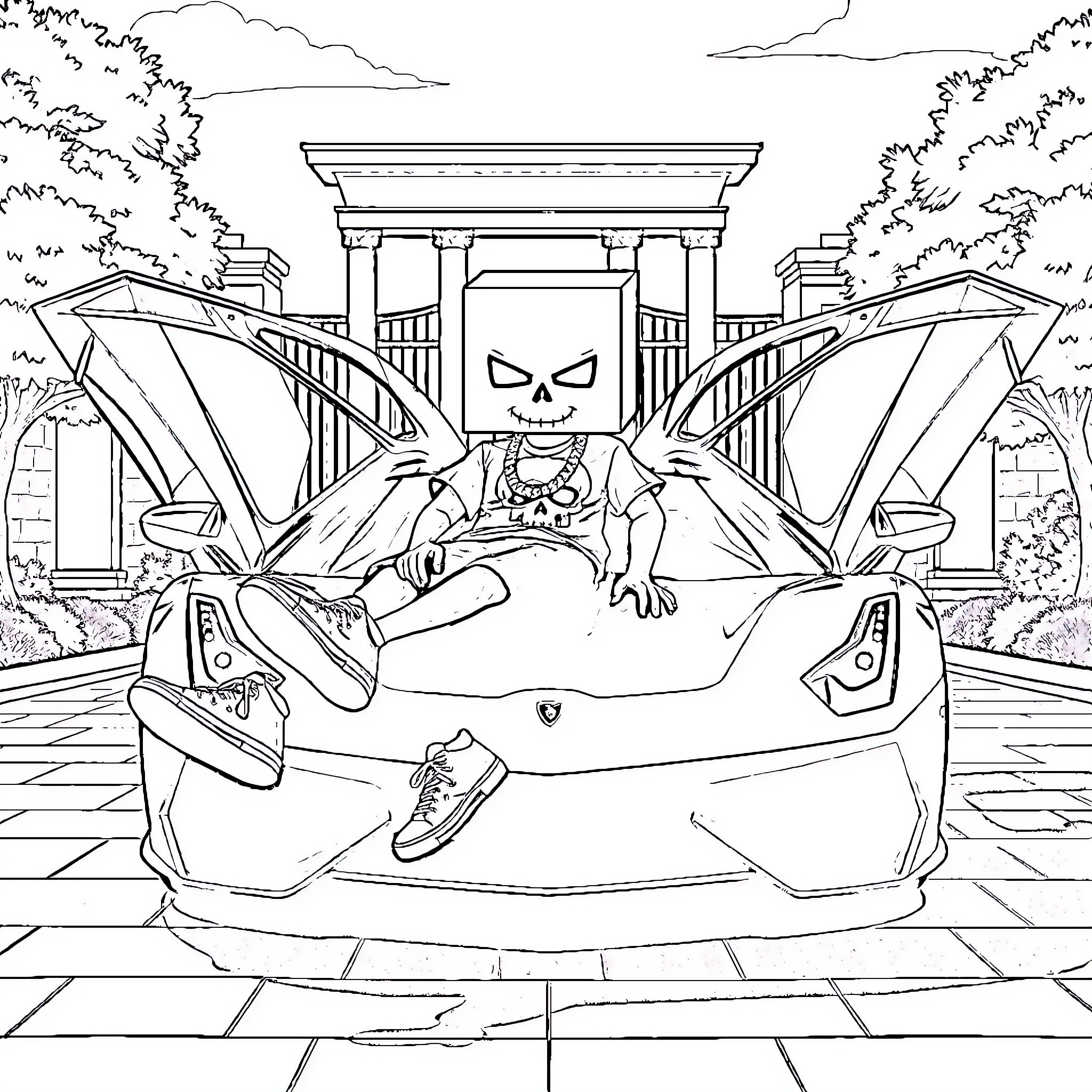 Box-Head Character Relaxing in Futuristic Vehicle Coloring Page (free black-and-white line drawing printable PDF for all, from beginners to advanced learners, including children, teens, adults, and seniors)
