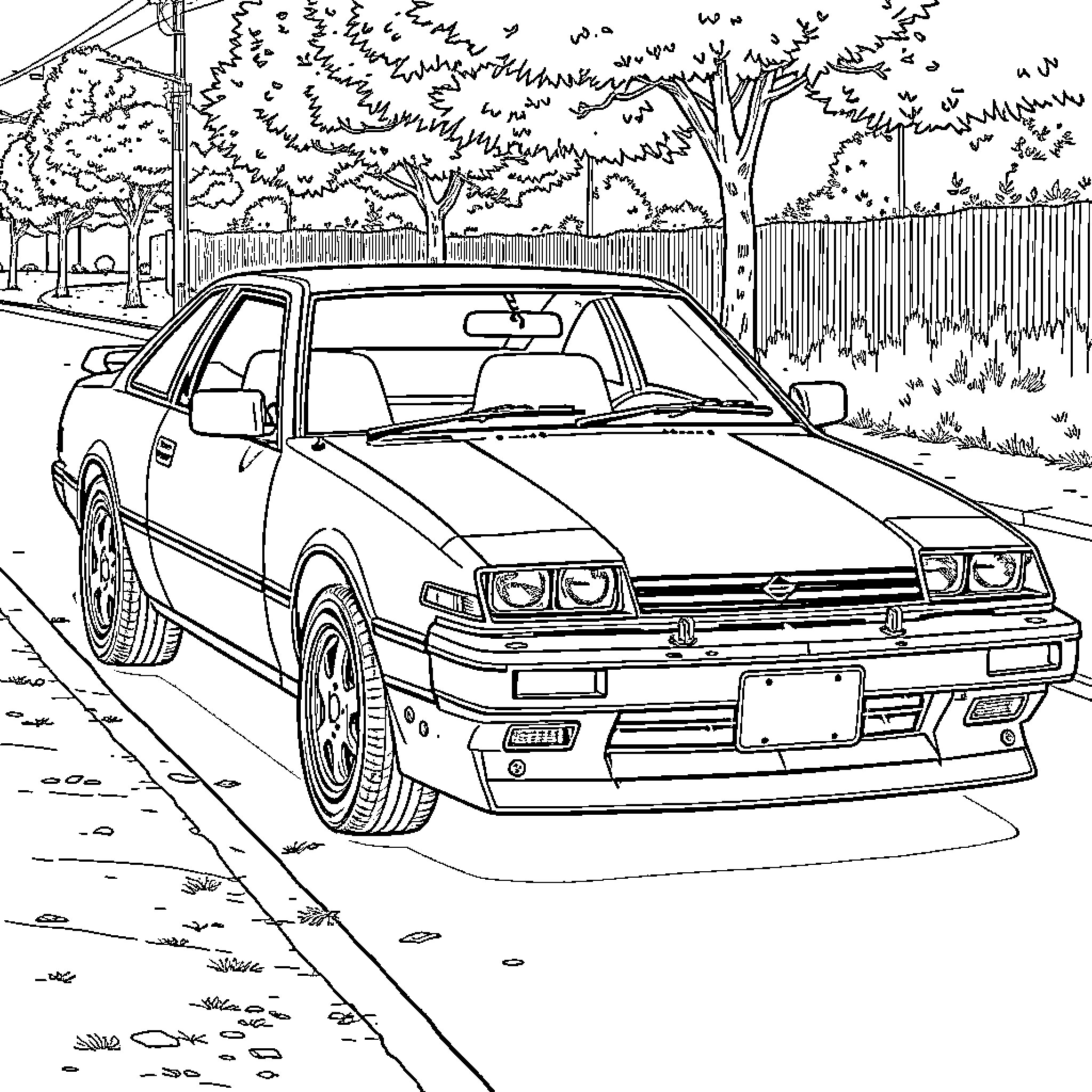 Nissan sports car parked in a suburban neighborhood Coloring Page (free black-and-white line drawing printable PDF for all, from beginners to advanced learners, including children, teens, adults, and seniors)