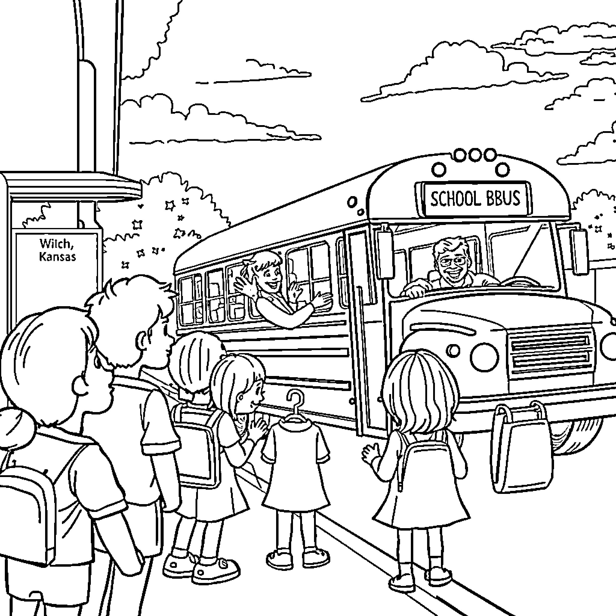 Bus of students arriving at school Coloring Page (free black-and-white line drawing printable PDF for all, from beginners to advanced learners, including children, teens, adults, and seniors)
