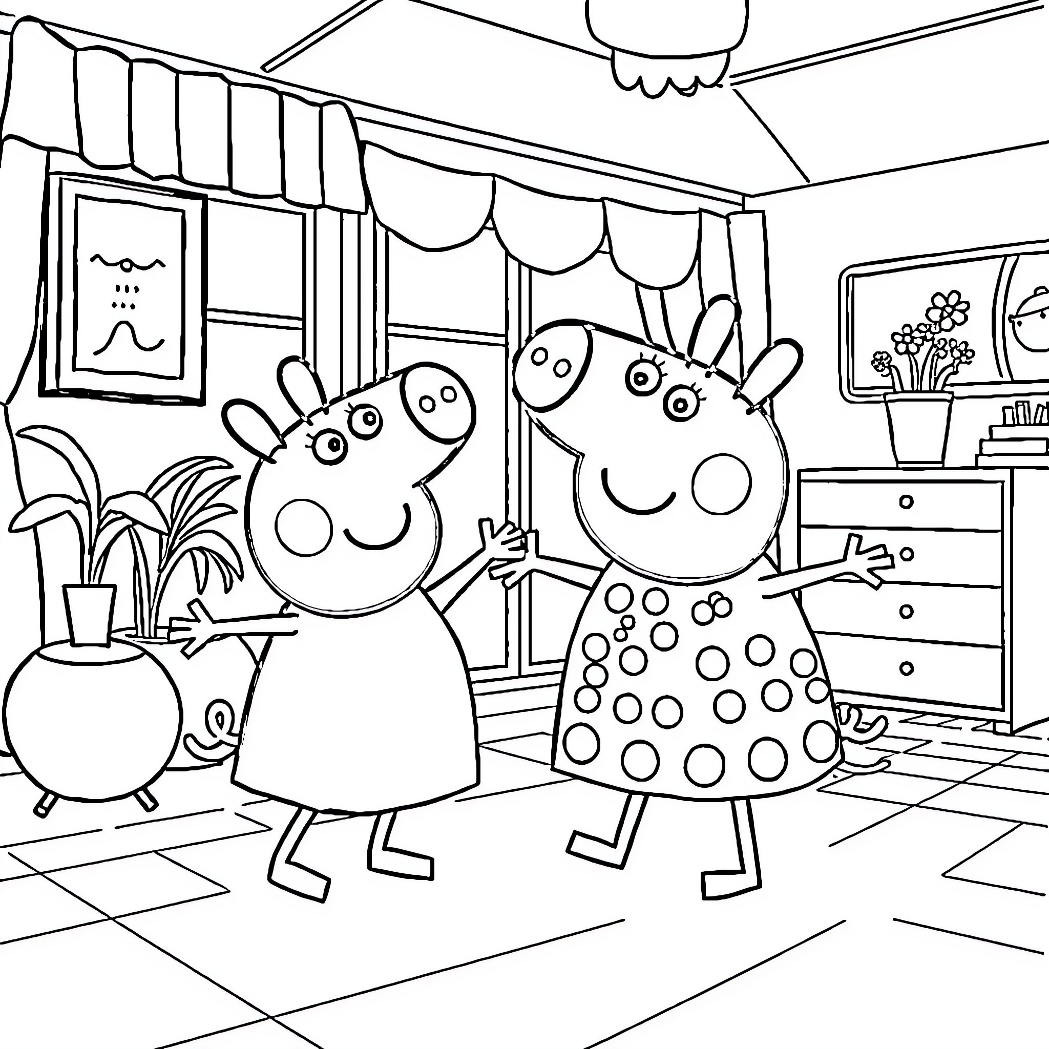 Bluey and Peppa Pig playing happily in their room Coloring Page (free black-and-white line drawing printable PDF for all, from beginners to advanced learners, including children, teens, adults, and seniors)