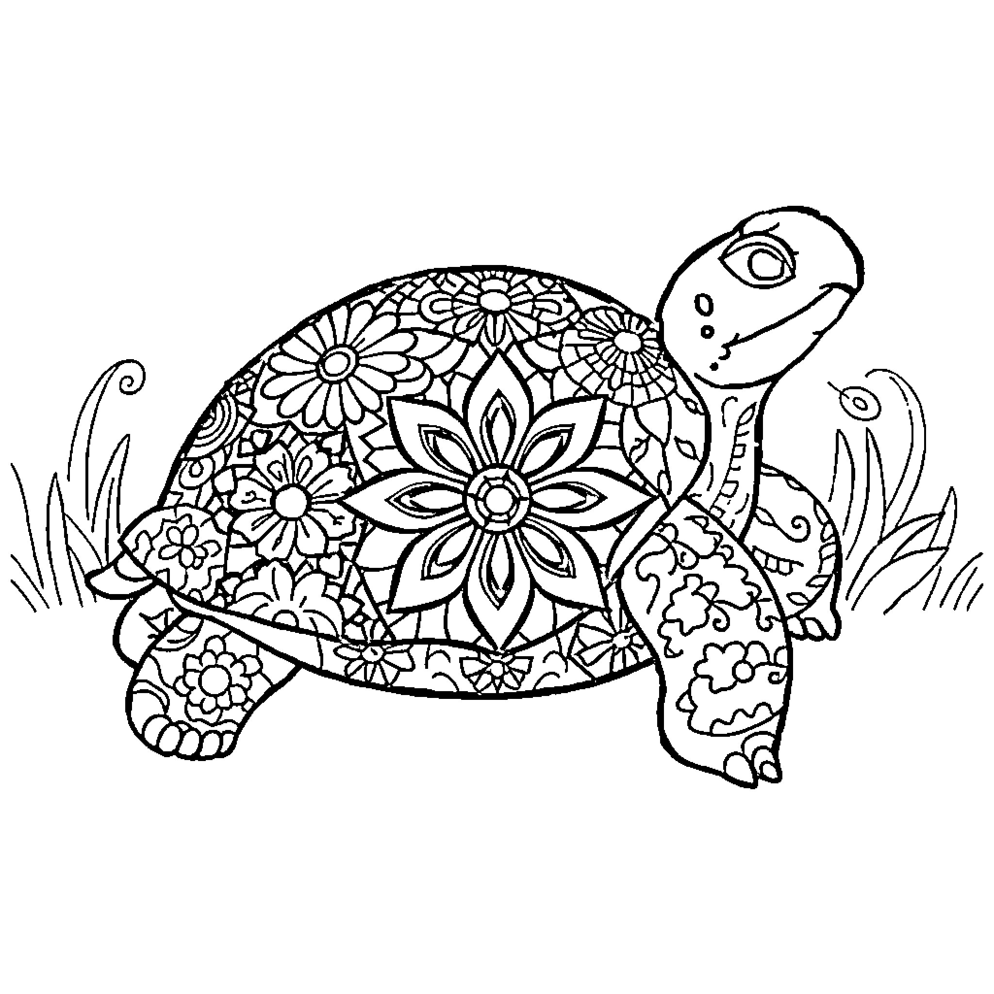 Turtle with intricate floral patterns Coloring Page (free black-and-white line drawing printable PDF for all, from beginners to advanced learners, including children, teens, adults, and seniors)