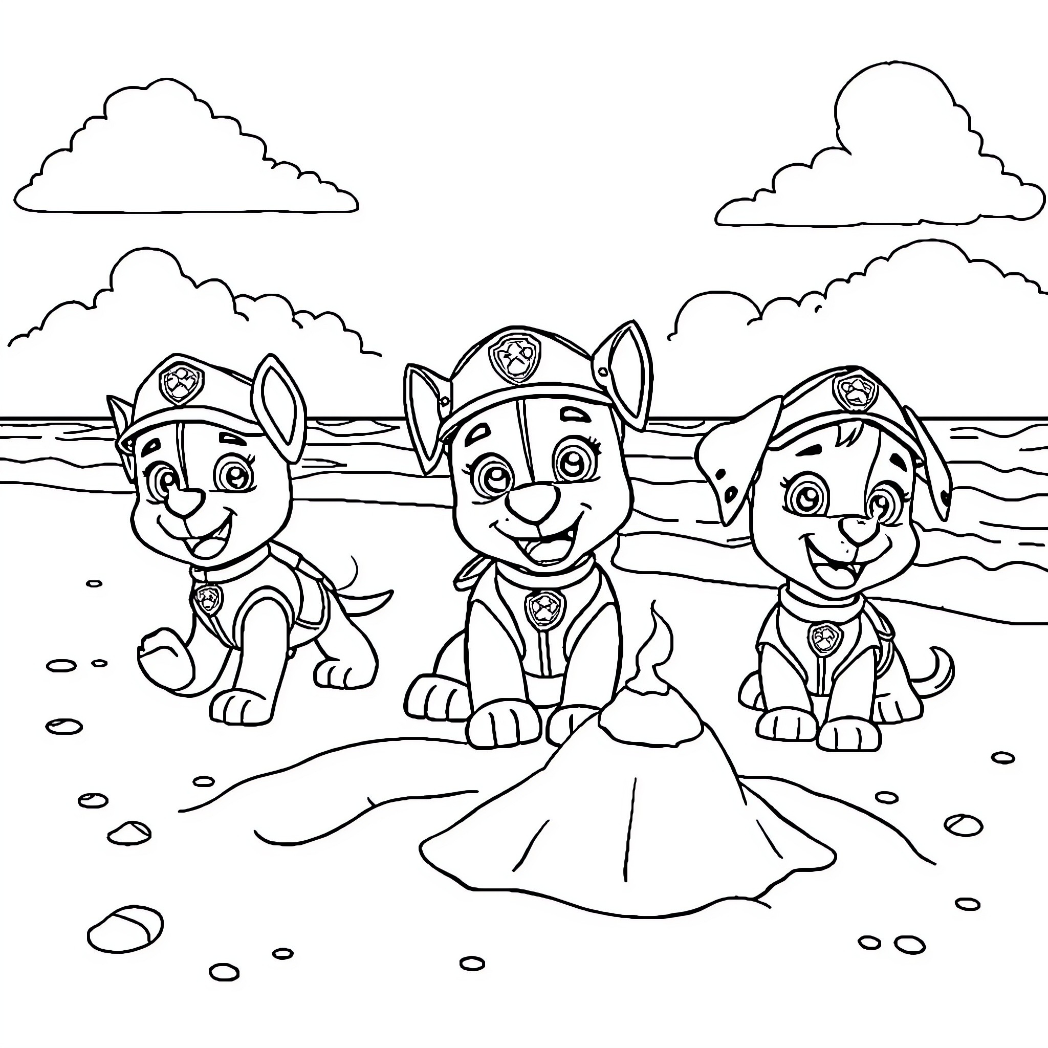Paw Patrol puppies on the beach Coloring Page (free black-and-white line drawing printable PDF for all, from beginners to advanced learners, including children, teens, adults, and seniors)