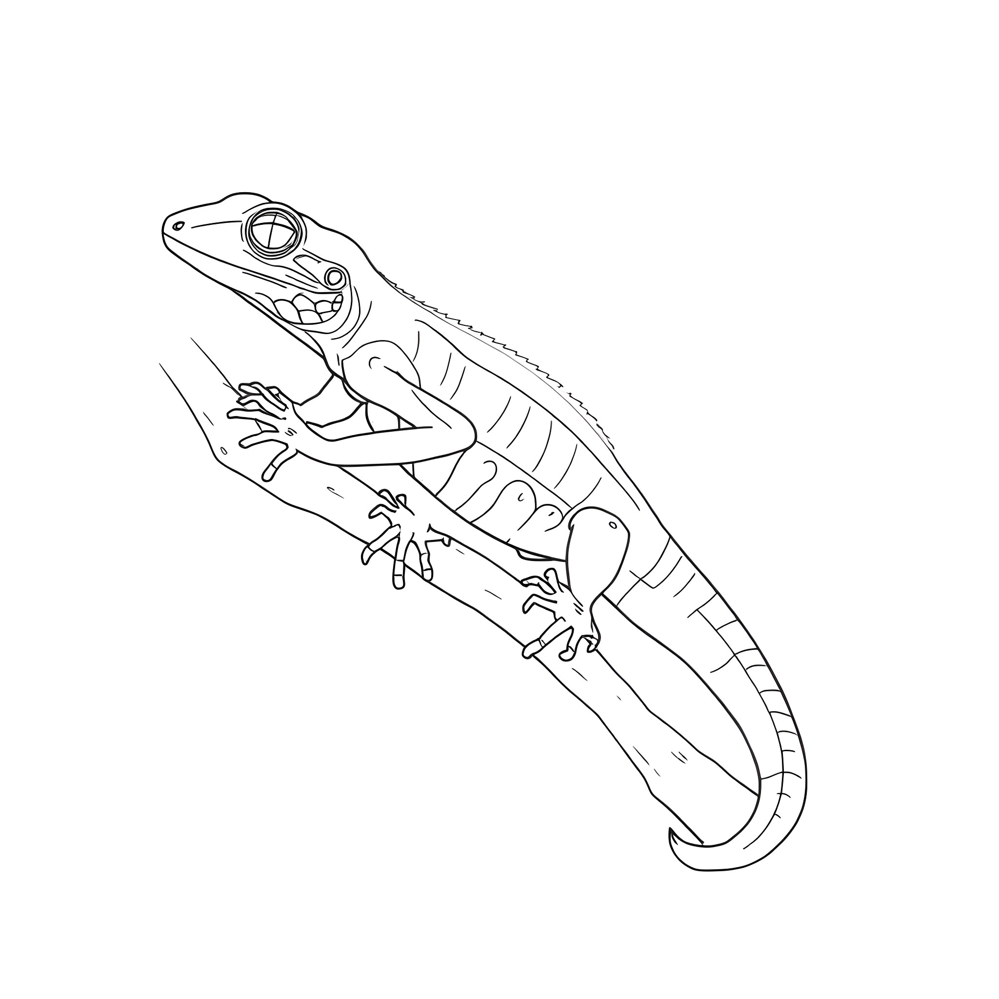 Emerald Tree Skink perching on a branch Coloring Page (free black-and-white line drawing printable PDF for all, from beginners to advanced learners, including children, teens, adults, and seniors)